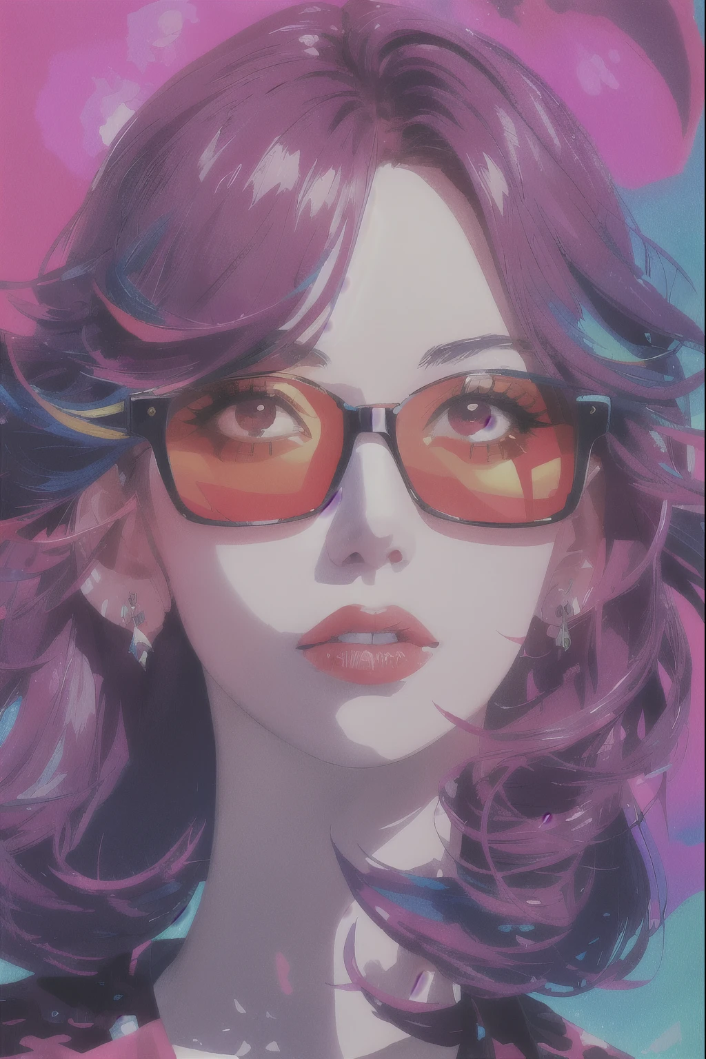 Beautiful woman with impactful color painting, sunglasses, Very detailed, Vibrant colors , sharp, Professional, clear, High Contrast, High saturation, , Bright deep red, crystal clear ,psychedelic,