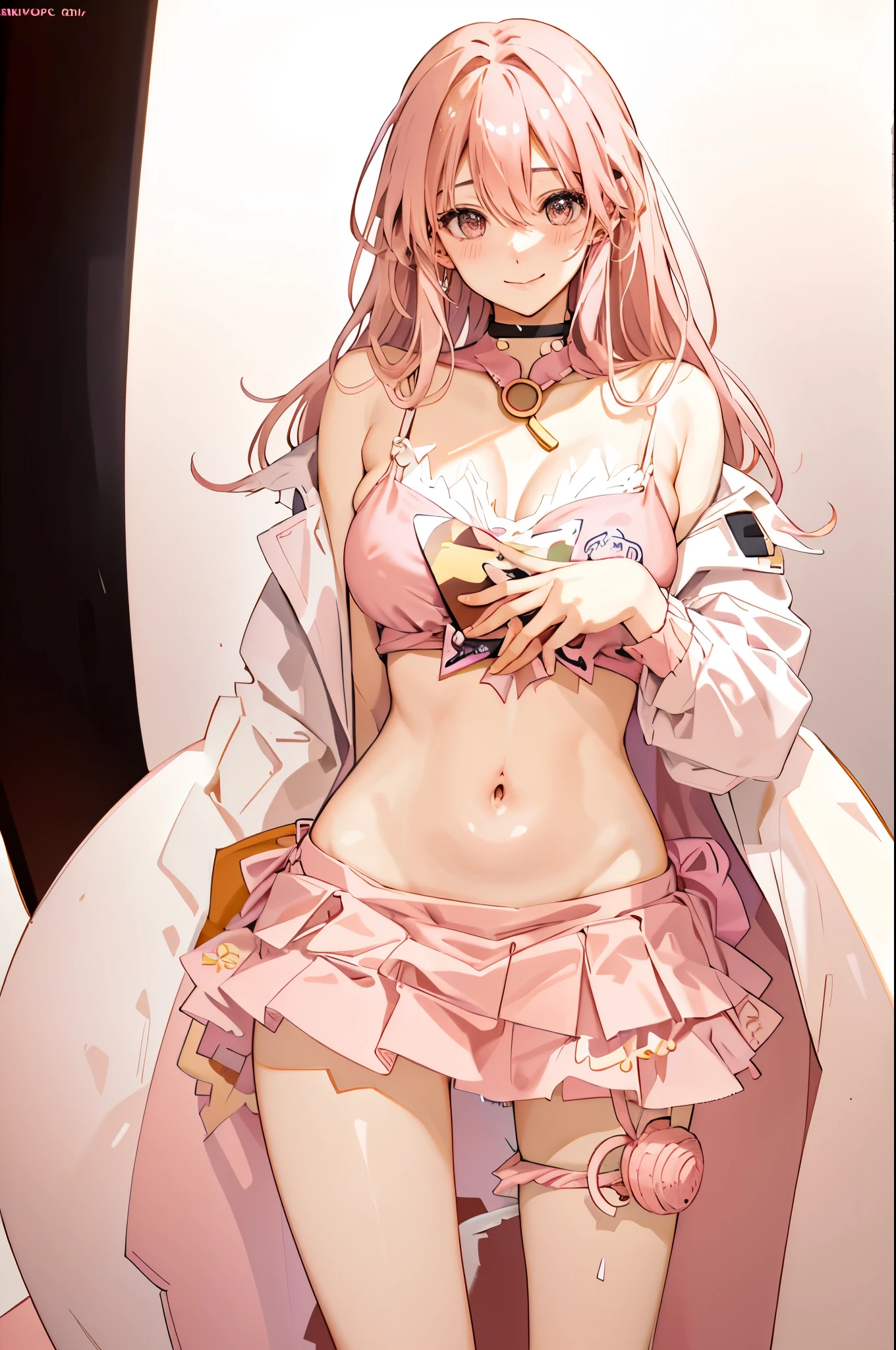 solo, long pink hair, peach eyes, sweet smile, subtle blush, large chest, magazine writer