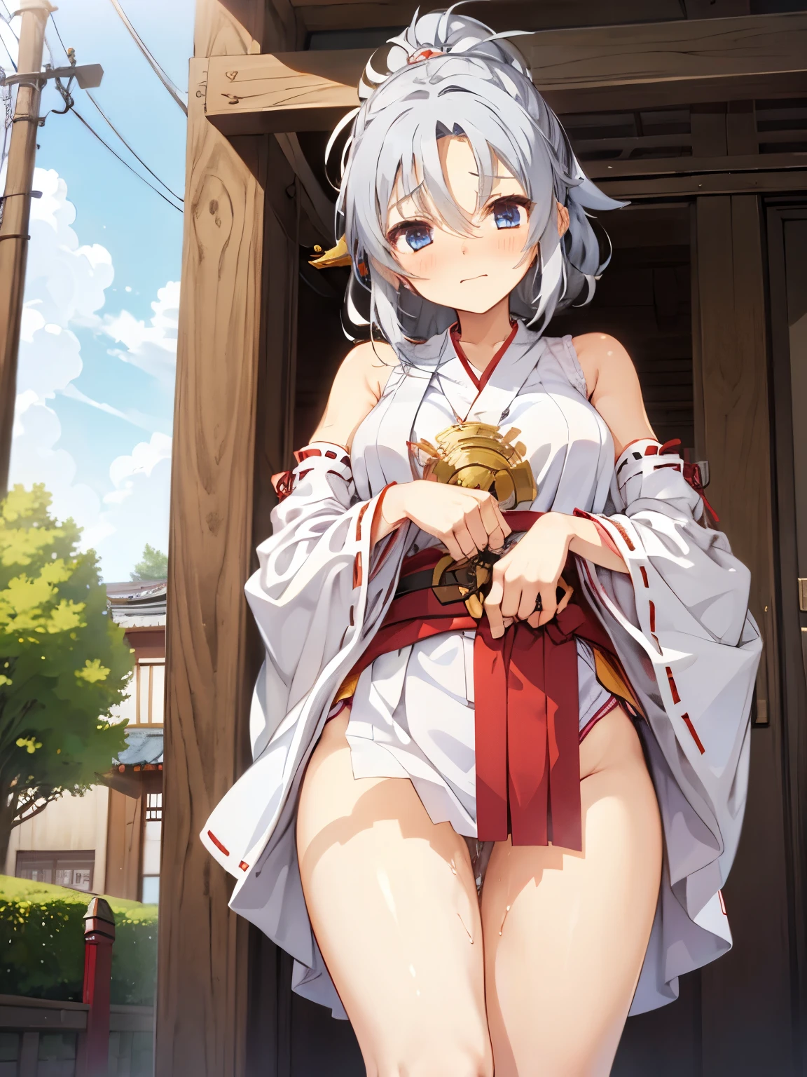 NSFW,Tomotake Yoshino,Long Hair、Gray Hair、High Ponytail、Hair Intake、hair ornaments、Parted bangs、blue eyes,kimono,(Miko costume:1.5),Embarrassed,blush,(I feel pleasure:1.3),(Aroused expression:1.3),(Perfect hands),(Perfect Anatomy),(masterpiece),(highest quality),shrine