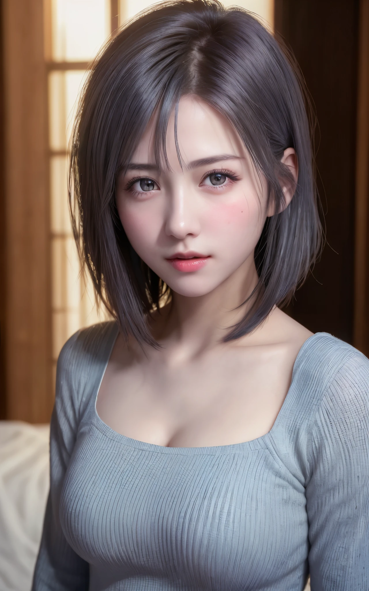 (8K, Photorealistic, Raw photo, of the highest quality: 1.3), (1girl in), Super beautiful, (Realistic face), (boyish, Silver Color Berry Shorthair), Beautiful , Glare that captivates the viewer, Beautiful expression, Beautiful breasts, (Realistic skin), Be...