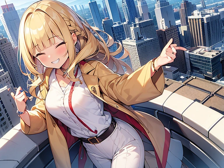 Masterpiece, Top quality, 1 beautiful girl, Blonde, medium Hair, Braided hair, wavy Hair, blunt bangs, silky hair, 17 year old, standard weight, (medium breasts :1.2), (cool clothes:1.5), (grin :1.3), blush, closed eyes, dynamic pose, beautiful scene of city, from above