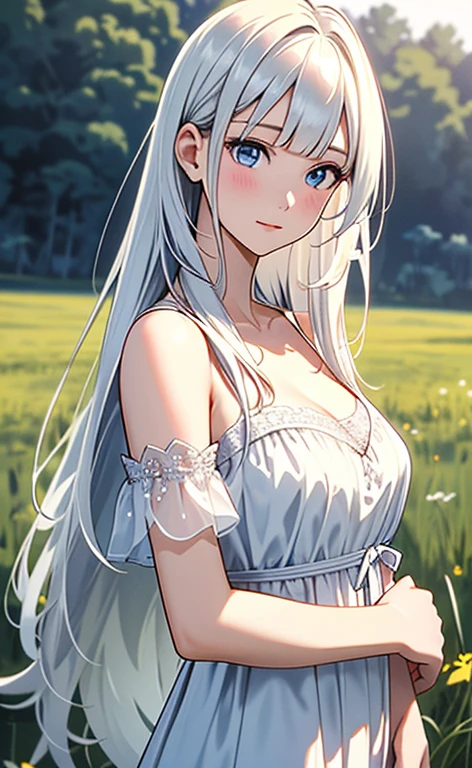 (masterpiece:1.4、top-quality、illustration:,realistic、)、(character focus、,upper body1.3)、(1girl),(clear face:1.3),(),cute face,blue eyes、(tareme:1.3)、(),
(),(stand:1.4)、(),、
(white hair),(long hair:1.5)、
,(meadow:1.3),（white camisole neat dress:1.5),
(blunt bangs),(,sidelocks:1.3), (large breasts)、
、slender、