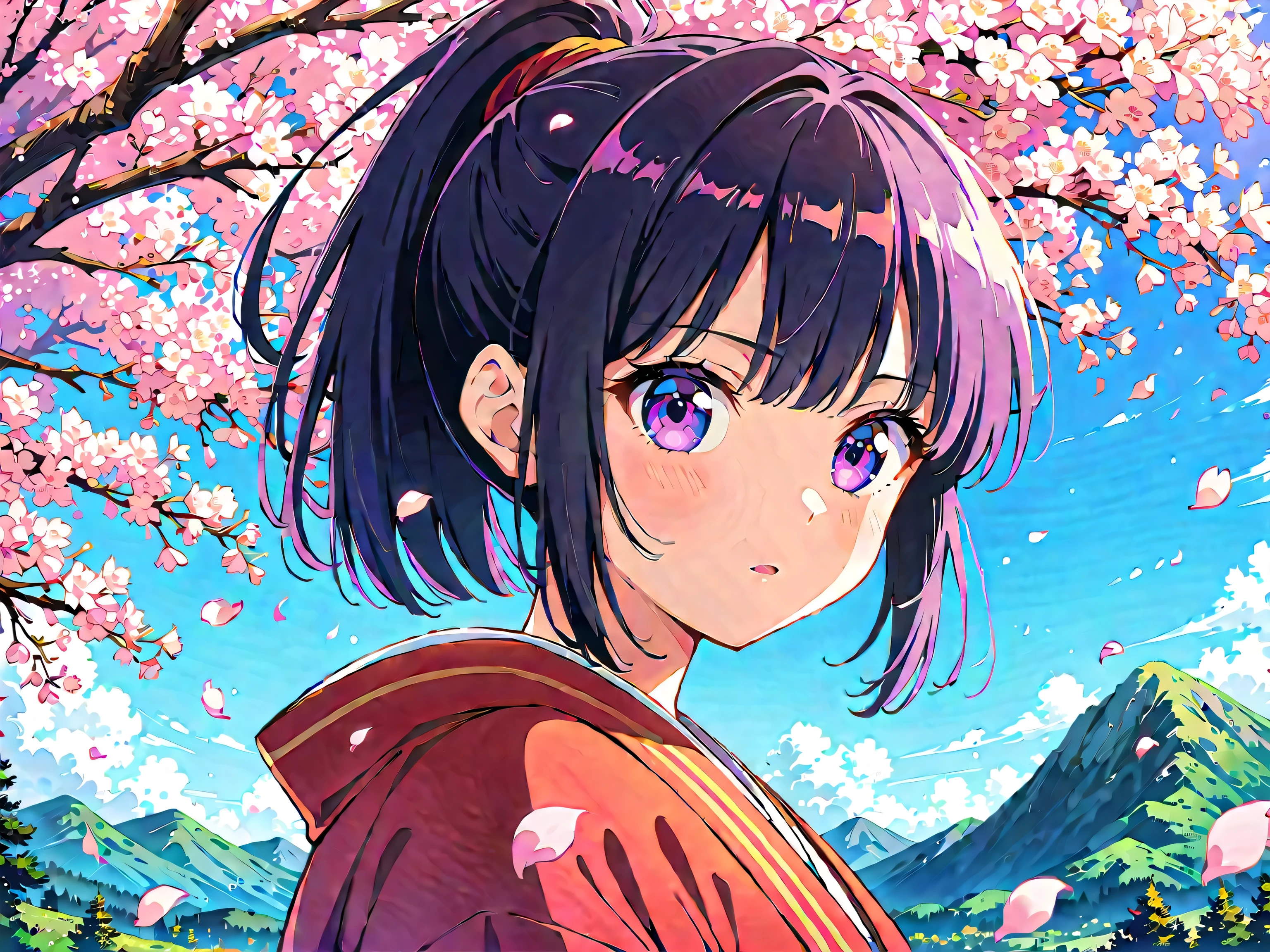 Anime girl in a kimono with a ponytail looking at cherry blossoms, anime wallpaper 4k, anime wallpaper 4k, anime art wallpaper 4k, anime art wallpaper 4k, Anime Style 4k, sakura petals around her, 4k anime wallpaper, anime art wallpaper 8k, Beautiful Anime portrait, Beautiful Anime, Beautiful Anime girl, Best Anime 4K Konachan Wallpaper