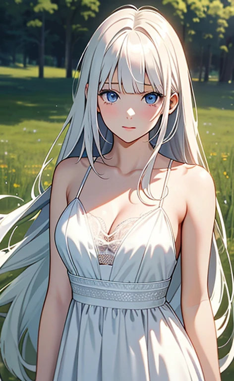 (masterpiece:1.4、top-quality、illustration:,realistic、)、(character focus、,upper body1.3)、(1girl),(clear face:1.3),(),cute face,blue eyes、(tareme:1.3)、(),
(),(stand:1.4)、(),、
(white hair),(long hair:1.5)、
,(meadow:1.3),（white camisole neat dress:1.5),
(blunt bangs),(sidelocks:1.3), (large breasts:1.3)、
、slender、