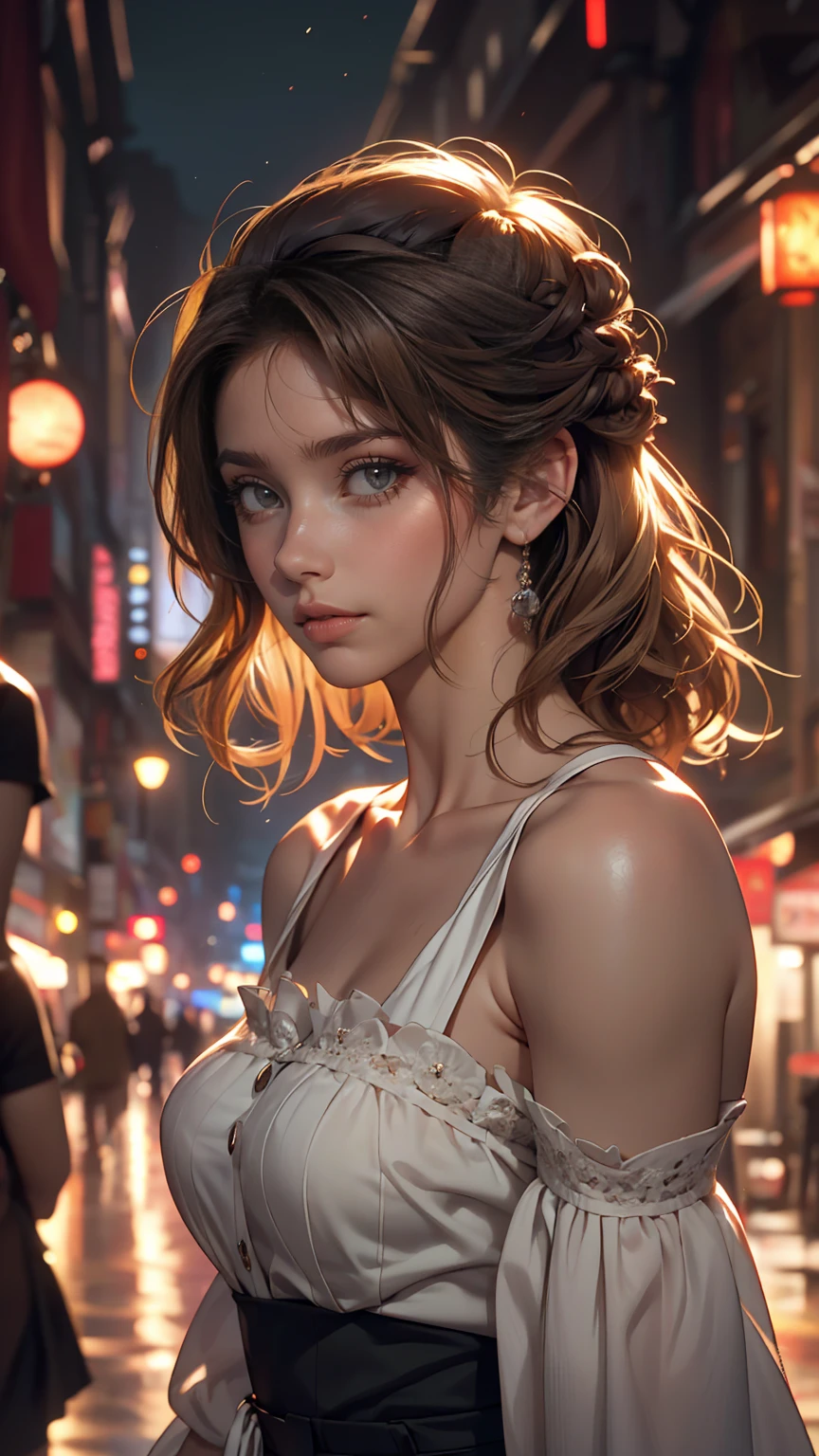 Film Portrait Photography, One girl, Exposing shoulders, Shoulder-length wavy hair, Calm, Calm, (Realistic eyes, Natural skin texture, Realistic facial details), Soft and dramatic lighting, Depth of written boundary, Bokeh, Vivid details, In detail, Surreal, 35mm Film, Absent-minded, movie,