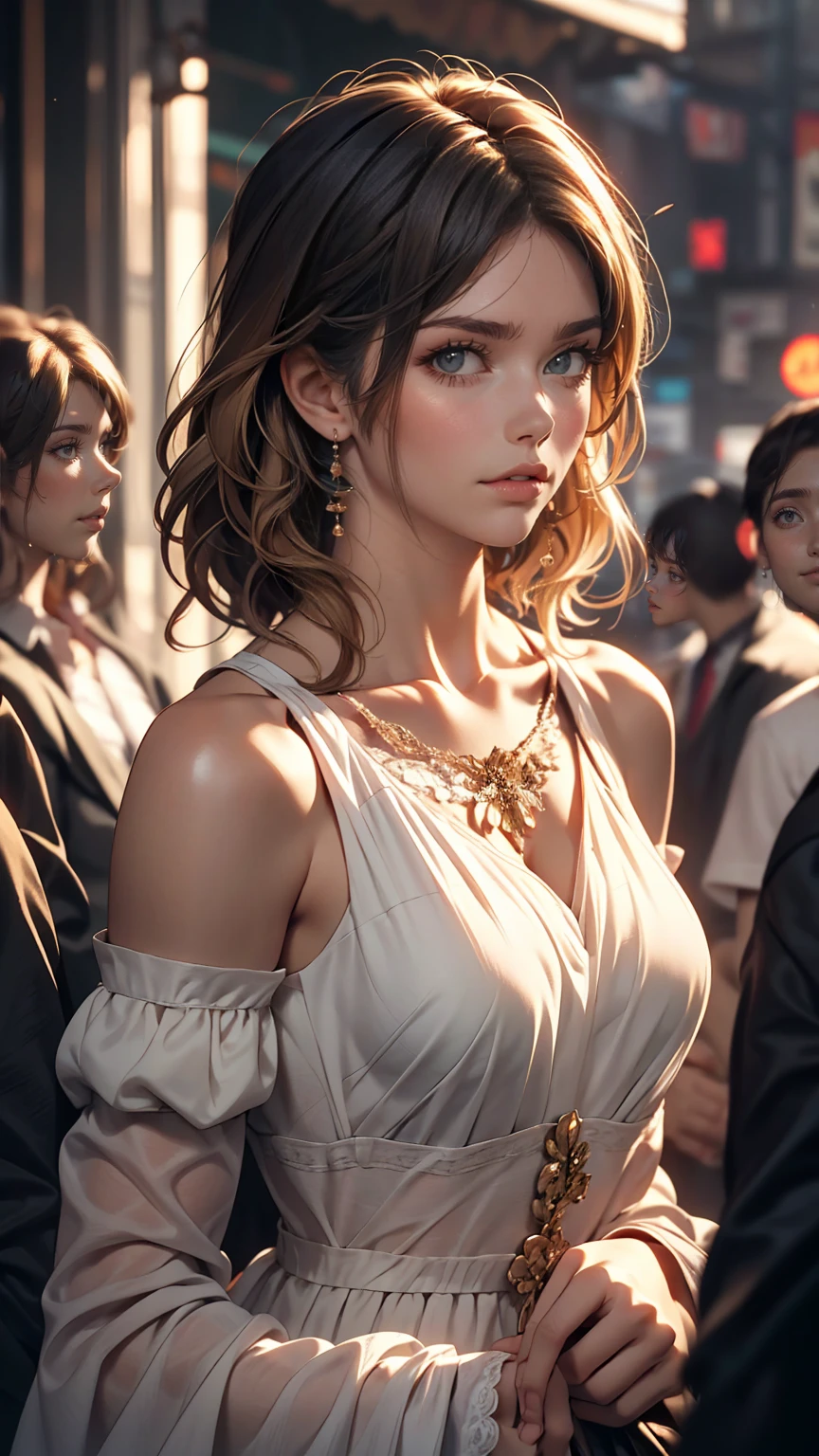 Film Portrait Photography, One girl, Exposing shoulders, Shoulder-length wavy hair, Calm, Calm, (Realistic eyes, Natural skin texture, Realistic facial details), Soft and dramatic lighting, Depth of written boundary, Bokeh, Vivid details, In detail, Surreal, 35mm Film, Absent-minded, movie,