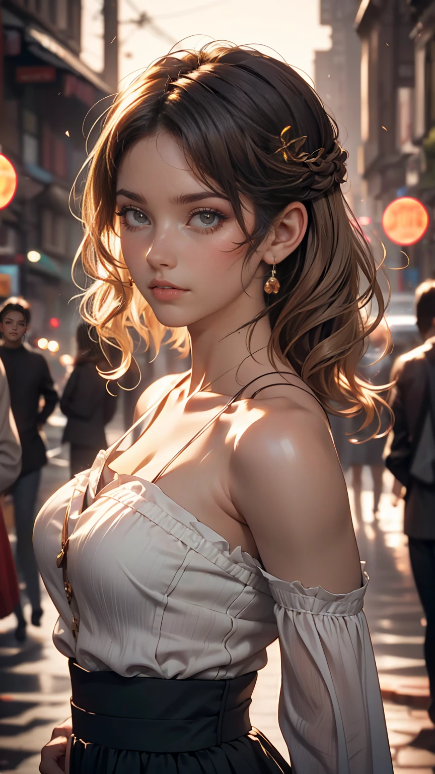 Film Portrait Photography, One girl, Exposing shoulders, Shoulder-length wavy hair, Calm, Calm, (Realistic eyes, Natural skin texture, Realistic facial details), Soft and dramatic lighting, Depth of written boundary, Bokeh, Vivid details, In detail, Surreal, 35mm Film, Absent-minded, movie,
