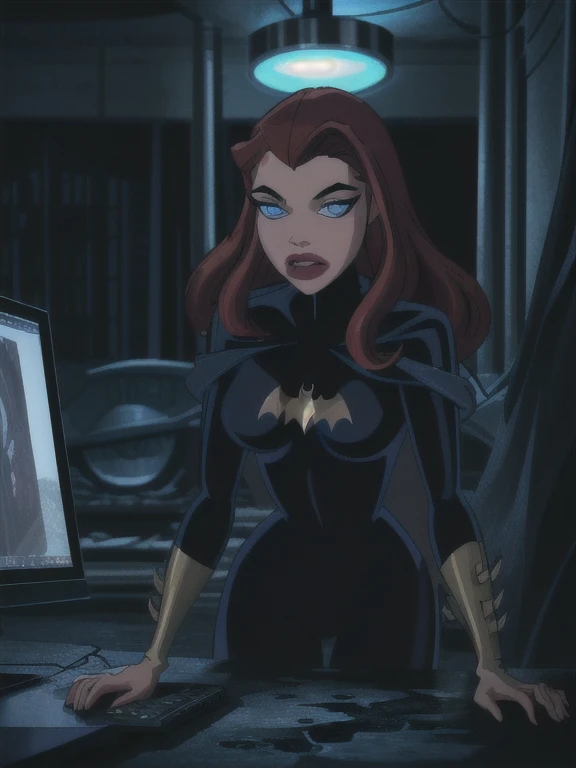 (a girl working with computers in batcave,( red long curly hair),beautiful icy blue eyes,beautiful detailed lips,beautiful face,long eyelashes, best quality,highres,ultra-detailed,realistic,dark castle vibes,full body, 