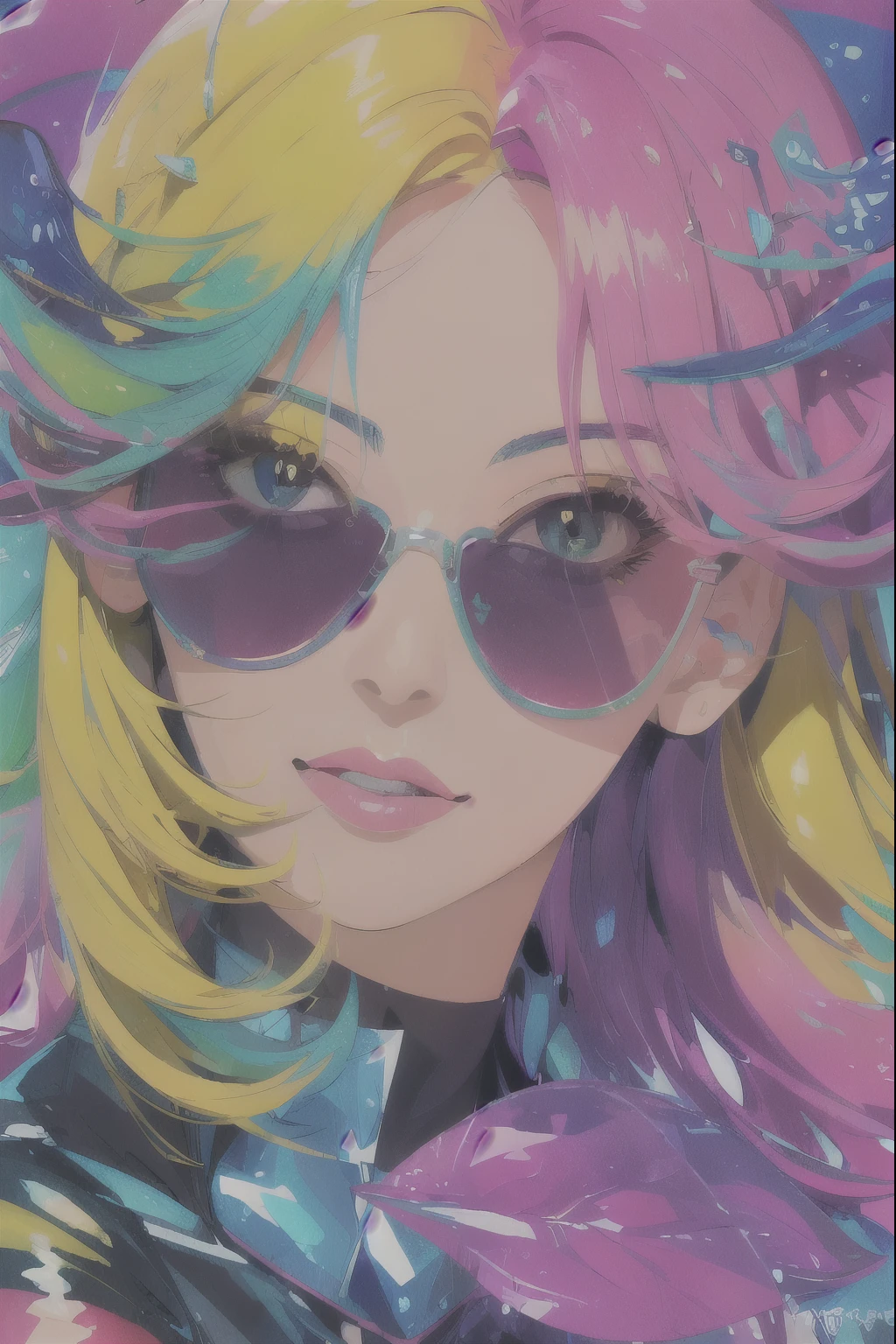 Beautiful woman with impactful color painting, sunglasses, Very detailed, Vibrant colors , sharp, Professional, clear, High Contrast, High saturation, , Bright deep yellow, crystal clear ,psychedelic,