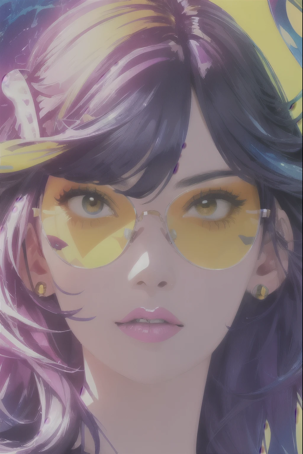 Beautiful woman with impactful color painting, sunglasses, Very detailed, Vibrant colors , sharp, Professional, clear, High Contrast, High saturation, , Bright deep yellow, crystal clear ,psychedelic,
