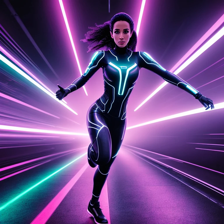 melhor qualidade, fotografia, cinematic lighting, intricado, cinematic detailed realista background, rosto detalhado, corpo todo, realista, 1 garota negra correndo, paisagem futurista, scifi, olhando para o espectador, Pose de modelo, traje futurista ciborg, neon lighting. Full hd