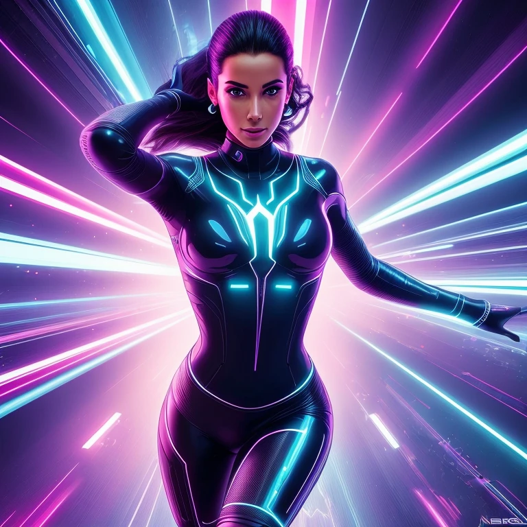 melhor qualidade, fotografia, cinematic lighting, intricado, cinematic detailed realista background, rosto detalhado, corpo todo, realista, 1 garota negra correndo, paisagem futurista, scifi, olhando para o espectador, Pose de modelo, traje futurista ciborg, neon lighting. Full hd