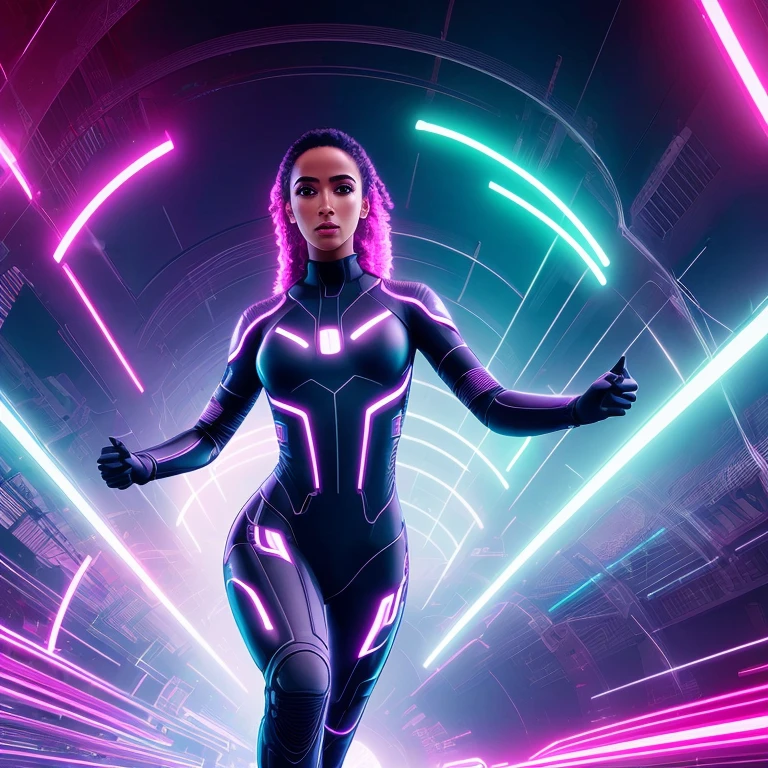 melhor qualidade, fotografia, cinematic lighting, intricado, cinematic detailed realista background, rosto detalhado, corpo todo, realista, 1 garota negra correndo, paisagem futurista, scifi, olhando para o espectador, Pose de modelo, traje futurista ciborg, neon lighting. Full hd