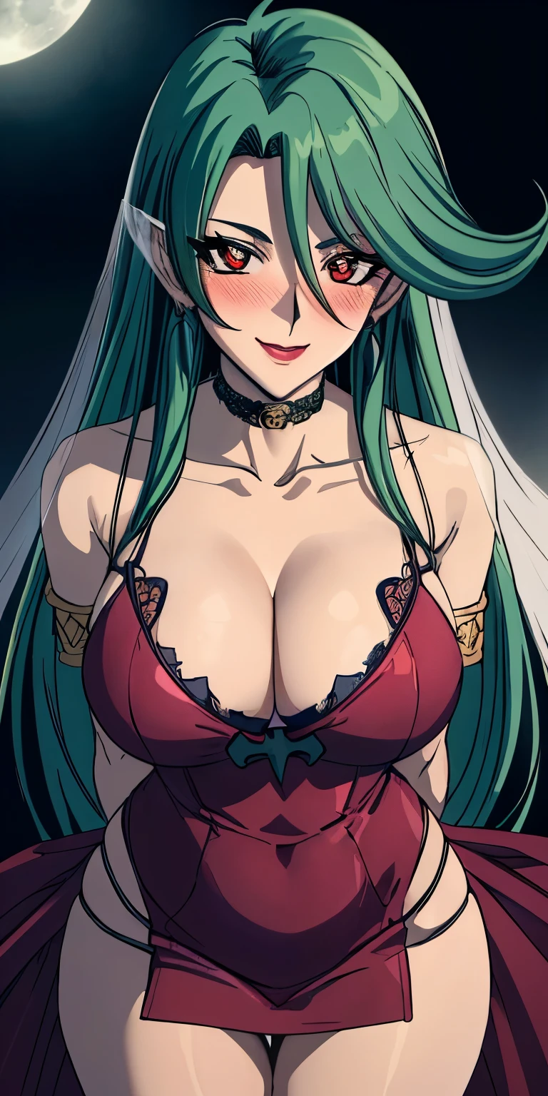masterpiece, best quality, ultra-detailed, illustration,masterpiece, Best quality, high resolution, high resolution, Camula, 1girl, green hair, solo,clear skin, red dress, armlets,clear skin, upper body , evil smile,beautiful detailed eyes, looking at viewer in a seductive look, close up, (breast focus), (arms behind back:1.2), (from above:1.1),big sized breasts, attempt to seduce,blush, cleavage ,(wide thighs:1.3), moonlight, Sky, flying bats,((white veil:1.5))
