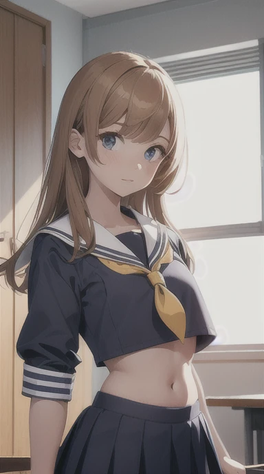 Girls in classroom, ((crop top sailor suit)), midriff shirt, low waist blue student skirts, open navel, open belly, (show abdomen area), showing belly, 