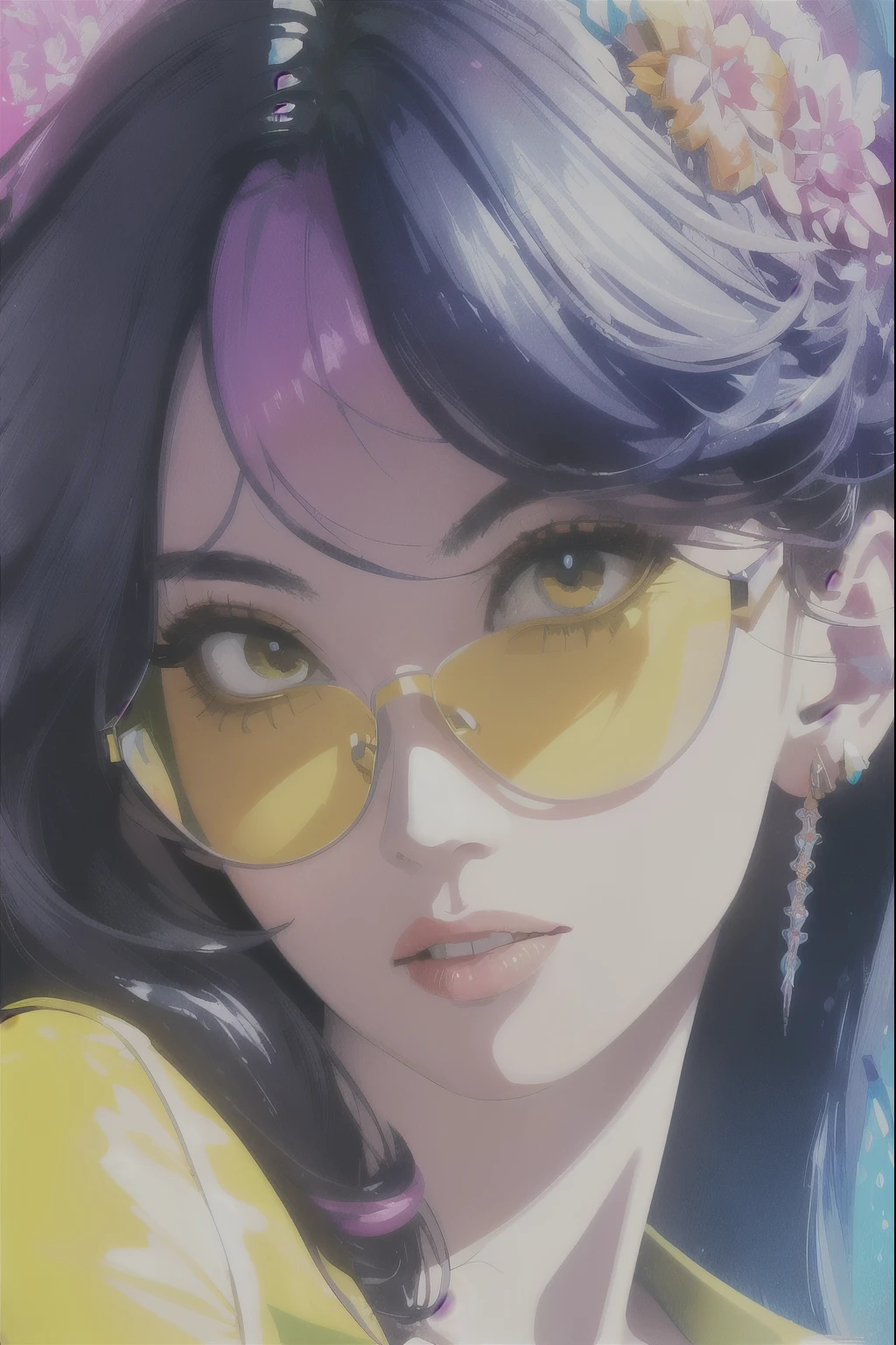 Beautiful woman with impactful color painting, sunglasses, Very detailed, Vibrant colors , sharp, Professional, clear, High Contrast, High saturation, , Bright deep yellow, crystal clear ,psychedelic,
