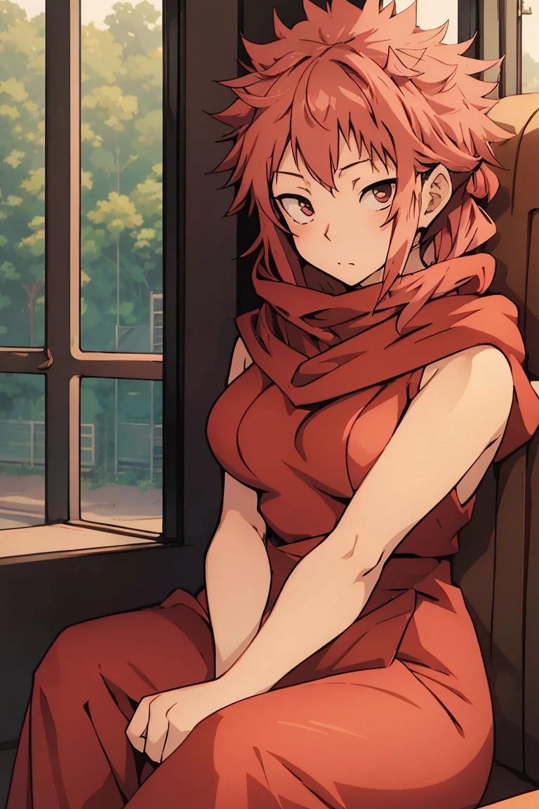 Knotweed Hisahito red scarf eyelashes sexy blush sitting alone on the train super large breasts breast enlargement full-body shot illustration, ultra-detailed, HDR, vibrant colors, soft lighting official art