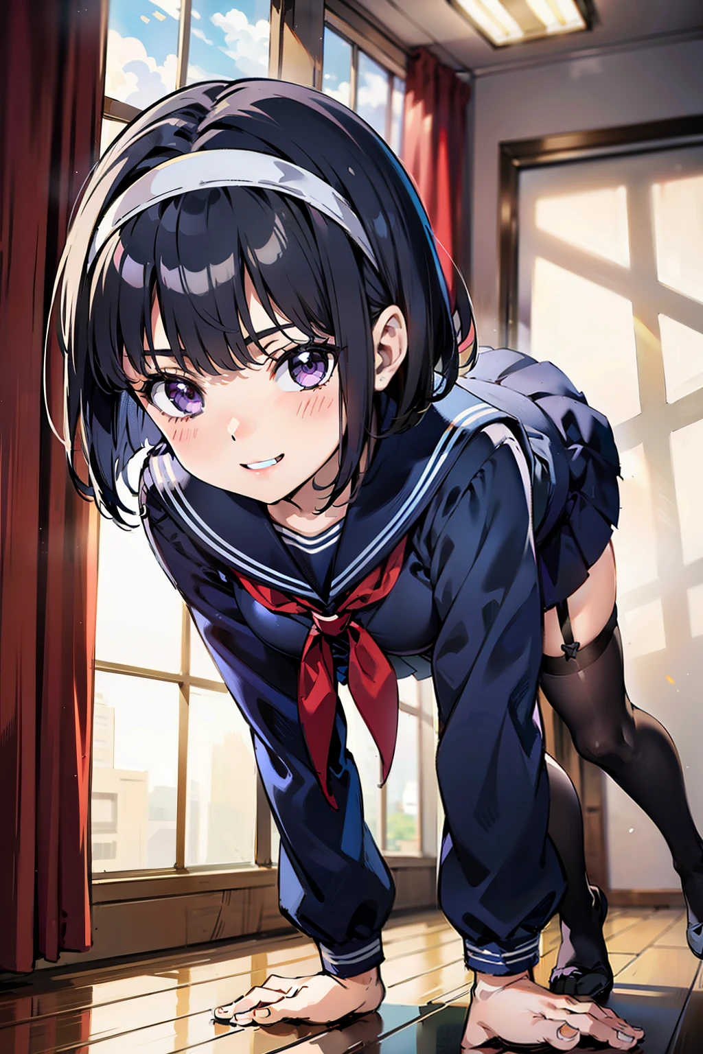 sailor uniform, sailor suit, one woman, (A beauty woman, Delicate high school girl:1.3), 8K, highest quality, masterpiece, Very detailed, Ultra-high resolution, Realistic, RAW Photos, Absolute Resolution, Black Hair, Bobcut, Small face compared to body, Very small face, Black Hair, ((Navy blue sailor suit)), Navy Blue Skirt, High school girl in sailor suit, 2D Rendering of Anime, Realistic若いアニメの女子高生, , ((White headband)), Small breasts, tall, Slanted Eyes, Purple Eyes, Black Stockings, garter belt, toothless smile, Private room, (Jump lightly and spin around:1.3), (Top-down position:1.2), blurry background,