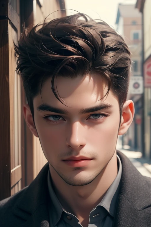 masterpiece, best quality, realistic, 1man, mature male, quiet and charming young man, 35 years old, close his eyes, serious, closed mouth, extremely detailed face, cold, ((dark grey eyes)), ((short-right-swept dark brown hair)), [thick eyebrows], ((hunter)), accurate, detailed, ((town))