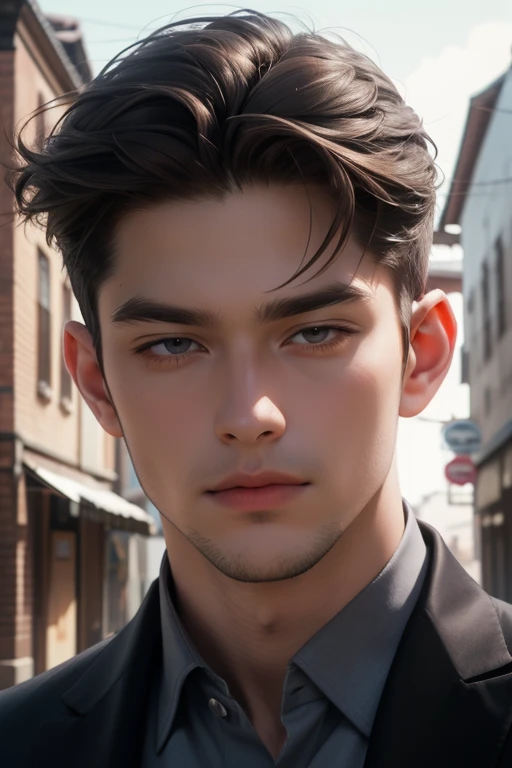 masterpiece, best quality, realistic, 1man, mature male, quiet and charming young man, 35 years old, close his eyes, serious, closed mouth, extremely detailed face, cold, ((dark grey eyes)), ((short-right-swept dark brown hair)), [thick eyebrows], ((hunter)), accurate, detailed, ((town))