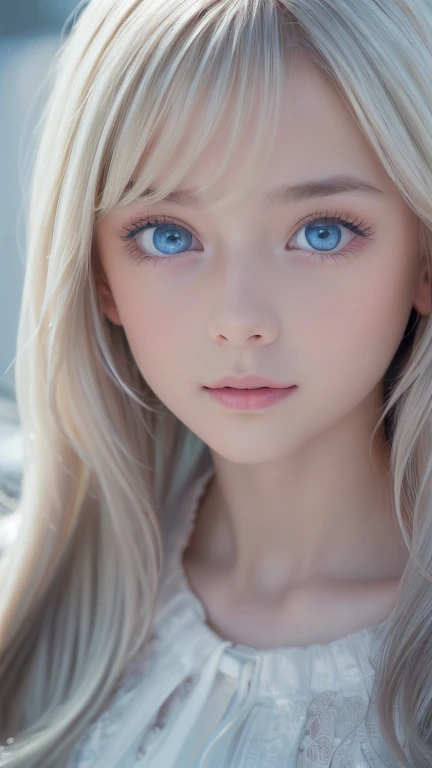 highest quality、8K Masterpiece、Ultra-high resolution、(Realistic:1.3)、RAW Photos、 girl of Scandinavian descent with shiny blonde hair、Silvery blonde hair、Super long straight hair、Bangs between the eyes、bangs over eyes、片bangs over eyes、Bangs between the eyes、White and lustrous skin、1. Cyberpunk Super Beautiful Soldier、((Ultra-Realistic Details))、Portraiture、Global Illumination、Shadow Realm、Octane Rendering、8K、Super sharp、Ample Bust、Metal、Cold colors、、Very intricate details、Realistic Light、CG Association Trends、Very beautiful, large light blue eyes、Very big eyes、Eyes shining towards the camera、Neon Details、Small Face Beauty、Round face、Cheek highlight