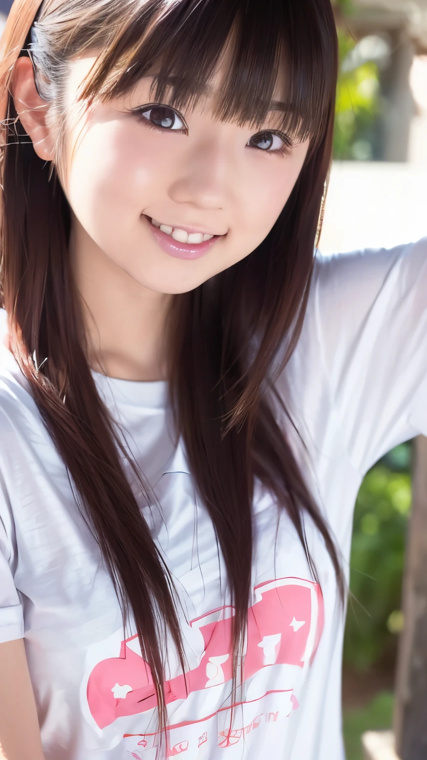 Super cute face、Beautiful droopy eyes、Big beautiful eyes、((Cute T-Shirts))、Blunt bangs、Straight hair、Close-up shot from head to waist、White skin、Fair skin、Embarrassed smile