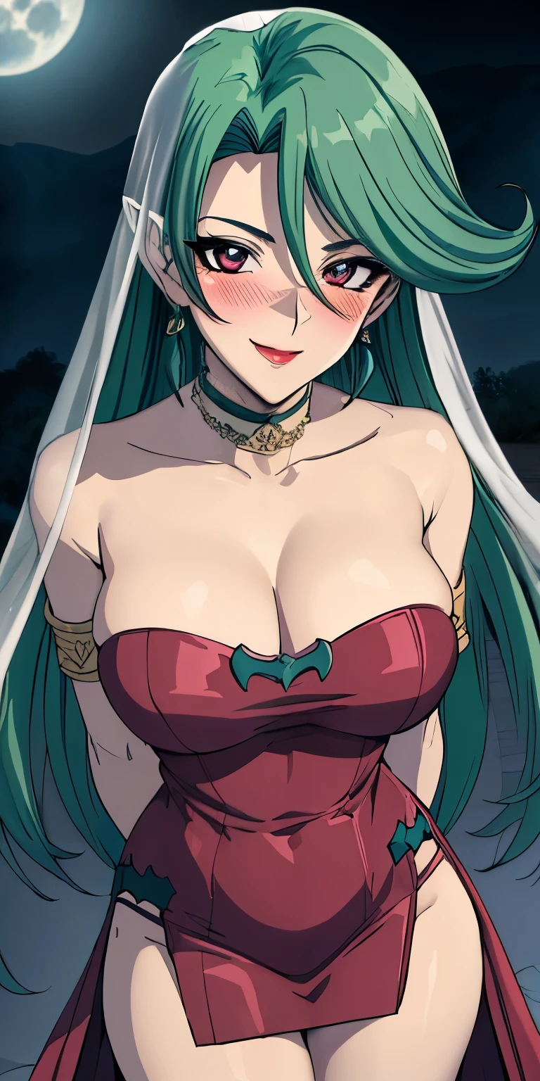 masterpiece, best quality, ultra-detailed, illustration,masterpiece, Best quality, high resolution, high resolution, Camula, 1girl, green hair, solo,clear skin, red dress, armlets,clear skin, upper body , evil smile,beautiful detailed eyes, looking at viewer in a seductive look, close up, (breast focus), (arms behind back:1.2), (from above:1.1),big sized breasts, attempt to seduce,blush, cleavage ,(wide thighs:1.3), moonlight, Sky, flying bats,((white veil:1.5))