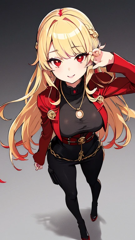 Beautiful anime girl, solo, 1girl, looking at viewer, cute, beautiful, red eyes, long hair, open hair, blonde hair, braided hair, smiling, smooth skin, light skin, red lips, anime, best quality, masterpiece, extremely detailed, 4k, red eyes, beautiful red eyes, detailed face, detailed eyes, golden necklace, golden earings, standing, extremely beautiful, highres, high quality eyes, hair covering one eye, ((masterpiece)), (best quality), (extremely detailed), depth of field, sketch, dark intense shadows, sharp focus, soft lighting, hdr, colorful, good composition, spectacular, anime screencap, (Highest quality illustrations:1.2), (Kawaii Girl:1.1), (1girl in, solo:1.5), One pose、Neat and clean image、ultradetailed eyes:1.2), ((red-eyed、Blonde hair:1.5))、hair wavy、curlyhair, hair wavy、BREAK(top-quality、ultra-detailliert、highly detailed and beautiful、超A high resolution、Detailed arm:1.2)、a closeup、bustup, Wink, normal sized breasts, ocean beach background, pirate, high quality jewelry, full body, black shirt, open red coat, black pants,