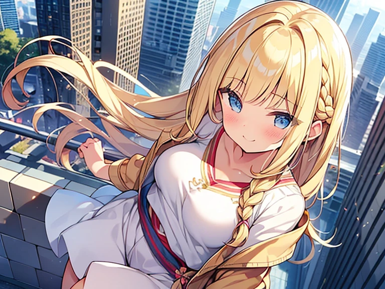 Masterpiece, Top quality, 1 beautiful girl, Blonde, medium Hair, Braided hair, wavy Hair, blunt bangs, silky hair, 17 year old, standard weight, (medium breasts :1.2), (cool clothes:1.5), (happy :1.4), blush, wink, dynamic pose, beautiful scene of city, from above