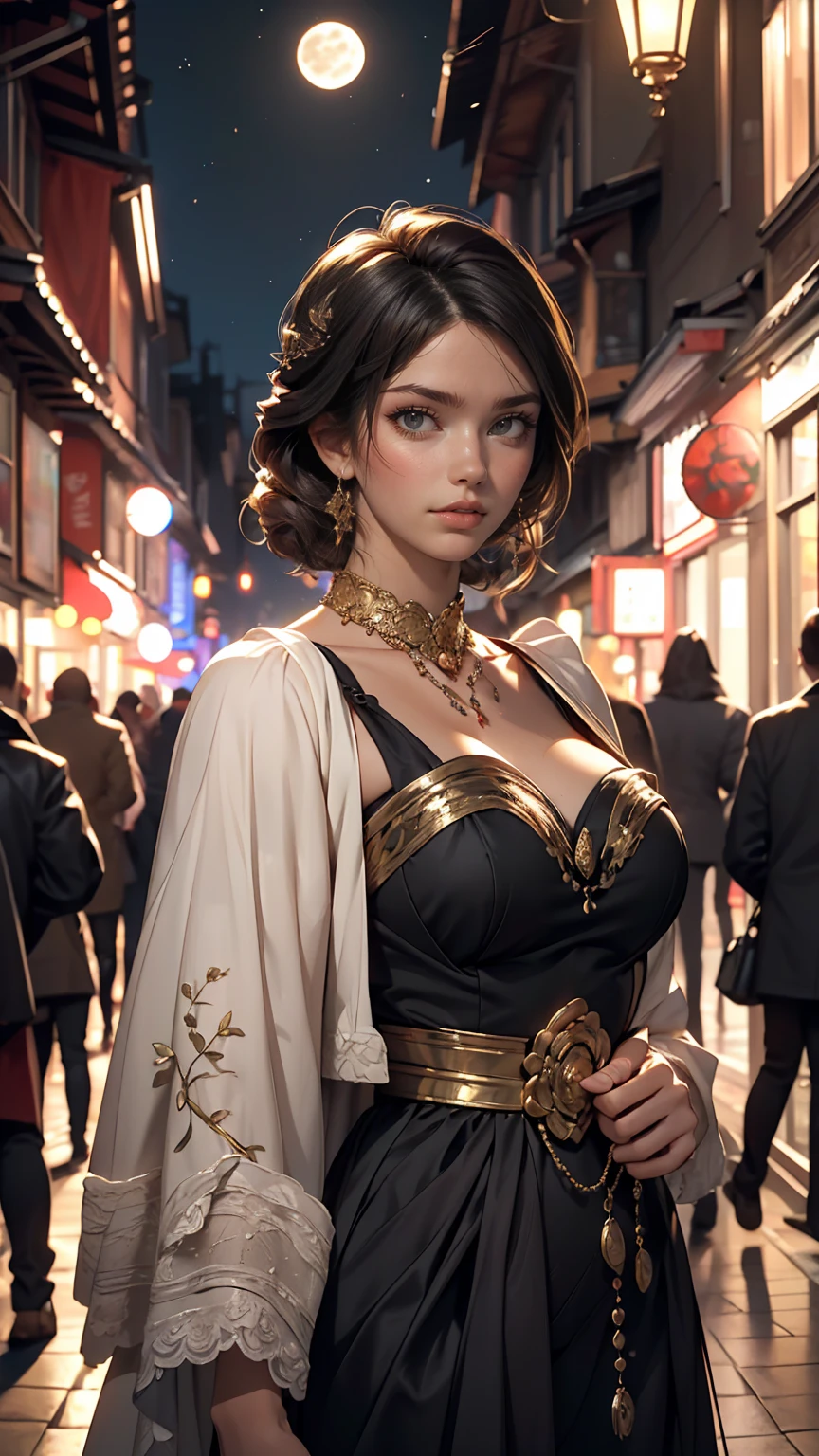 (Half Body Shot,Street lamp,moon),masterpiece, One girl, Solo Exhibitions, Beautiful woman on a busy street, Surrounded by peddlers, Beautiful Goddess Girl Portrait, Beautiful and elaborate face, Porcelain-like skin, (((Bust Shot, center, night, Black Hair, short hair)), Very soft lighting, Symmetric, complicated, grace, Attention to detail, realism, art, concept art,