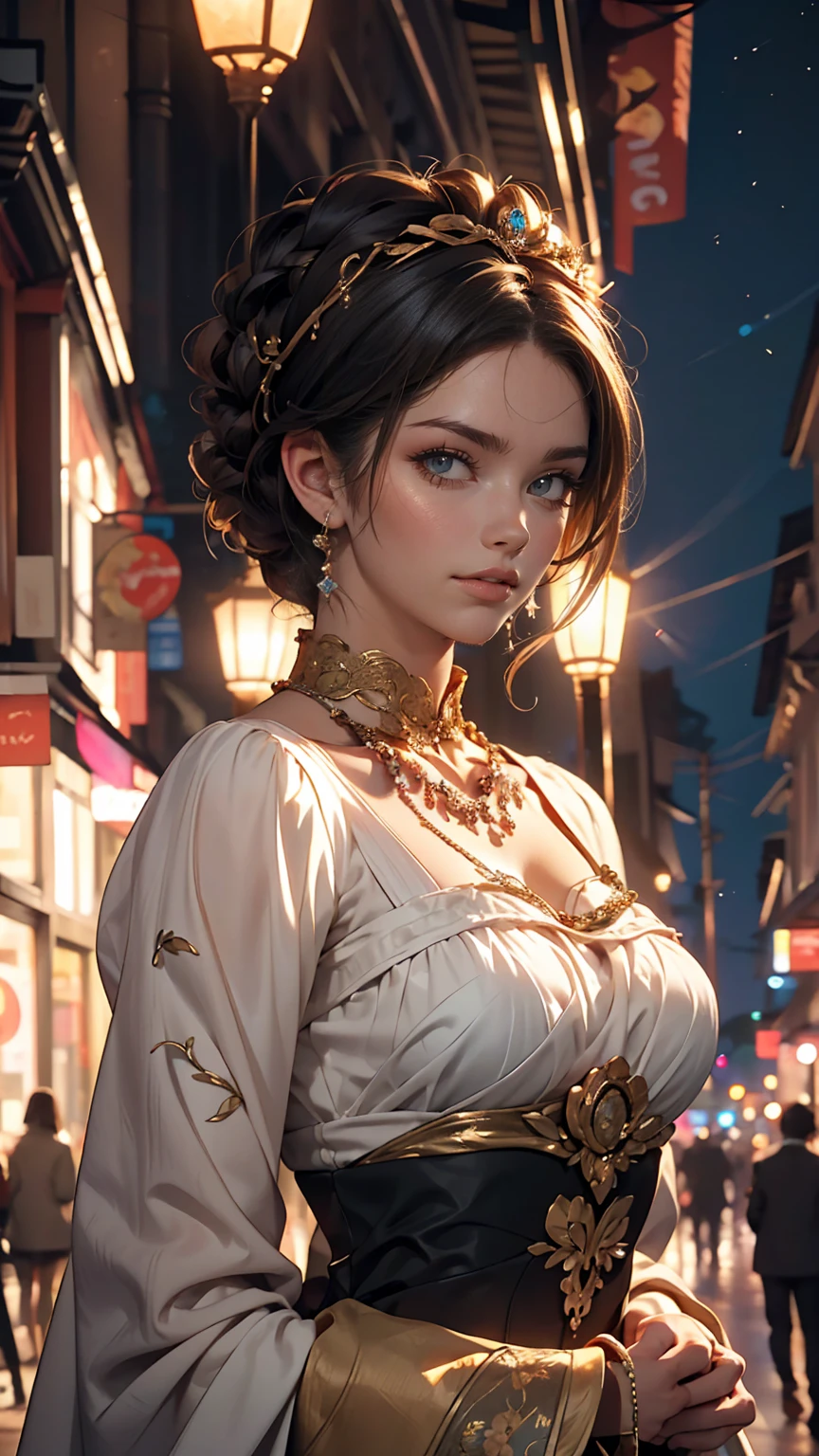 (Half Body Shot,Street lamp,moon),masterpiece, One girl, Solo Exhibitions, Beautiful woman on a busy street, Surrounded by peddlers, Beautiful Goddess Girl Portrait, Beautiful and elaborate face, Porcelain-like skin, (((Bust Shot, center, night, Black Hair, short hair)), Very soft lighting, Symmetric, complicated, grace, Attention to detail, realism, art, concept art,