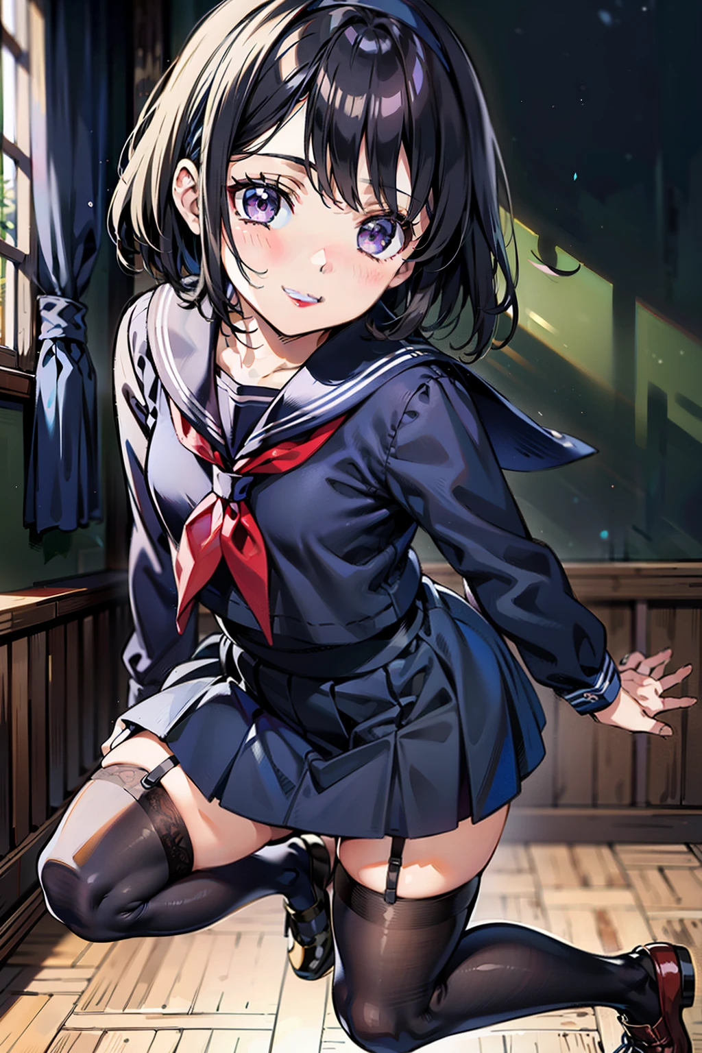 sailor uniform, sailor suit, one woman, (A beauty woman, Delicate high school girl:1.3), 8K, highest quality, masterpiece, Very detailed, Ultra-high resolution, Realistic, RAW Photos, Absolute Resolution, Black Hair, Bobcut, Small face compared to body, Very small face, Black Hair, ((Navy blue sailor suit)), Navy Blue Skirt, High school girl in sailor suit, 2D Rendering of Anime, Realistic若いアニメの女子高生, , ((White headband)), Small breasts, tall, Slanted Eyes, Purple Eyes, Black Stockings, garter belt, toothless smile, Private room, (Jump lightly and spin around:1.3), (Top-down position:1.2), blurry background,