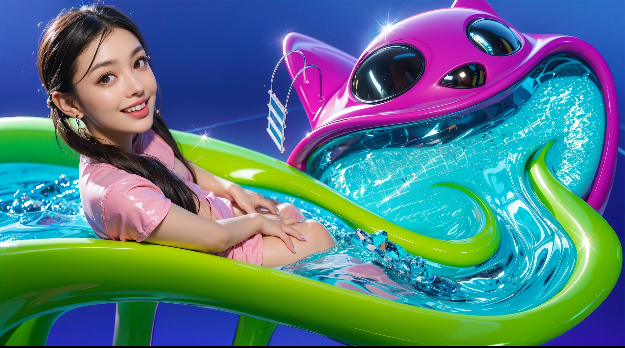 Purple creature with black eyes and a smile and a pool in its mouth deep children's water pool filled with beautiful water with waves. A young girl sits on a pool float with an alien character in the background. The image depicts a close-up of a large, metallic spider-like robot with six legs and a body that resembles a combine harvester. It stands on a blue floor Create ultra sharp and is facing a red wall.cartoon key frame rendering, cute 3D rendering, Shiny metallic,Create ultra sharp цветной рендеринг zbrush. perfect cgi, cgi art created only with gradients, smooth silhouette, Create ultra sharp skin, high intensity refraction, (plastic material), most beautiful vfx, blue background, plastic refractions, glossy texture, smooth 3d model, multiple light sources, rim light, sharp post effects render, (glossy plastic texture with multiple big light probe refractions), perfect cgi, cgi art created only with gradients, smooth silhouette, high intensity refraction, (plastic material), most beautiful vfx, blue background, plastic refractions Create ultra sharp
