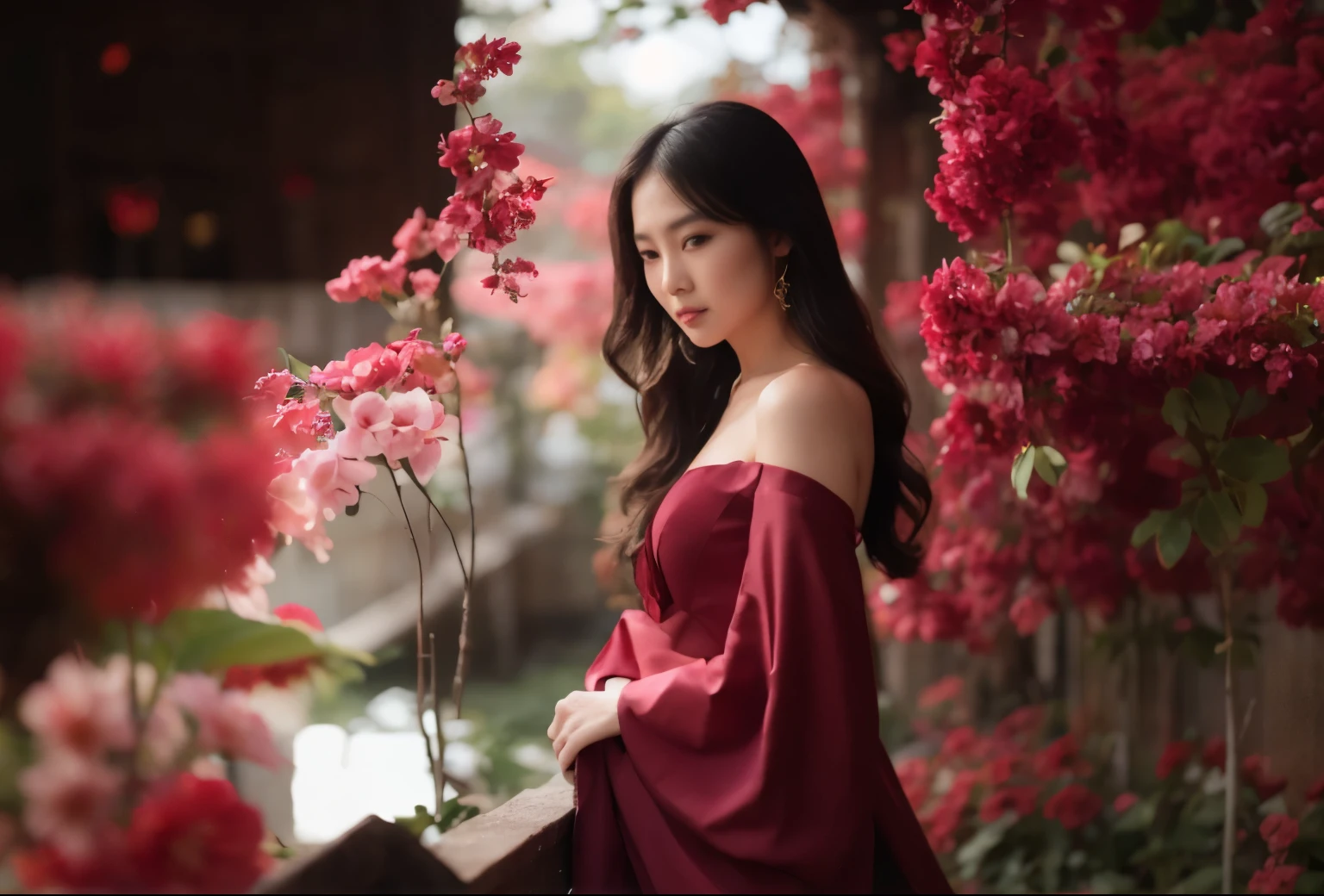 A woman in a red dress standing in front of a flower garden with her face facing forward, beautiful Asian girl, beautiful woman, beautiful Asian woman, Chinese girl, Asian girl, beautiful oriental woman, Asian woman, elegant Japanese woman, stunning elegant pose, ao dai, Chinese woman, pink and red colors, Chinese style, beautiful portrait photo, beautiful woman, focused towards the camera.