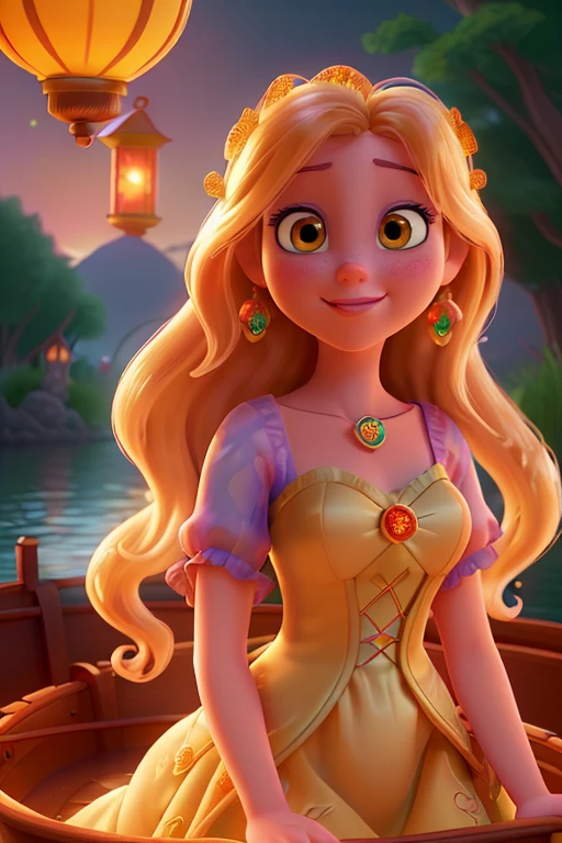 (highres,best quality,realistic) A detailed portrait of Disney princess Rapunzel on a boat, surrounded by countless (floating) lanterns in the sky. Rapunzel has long, (flowing golden hair) that reflects the warm glow of the lanterns. She has (beautiful detailed eyes) that sparkle with excitement and (beautiful detailed lips) that hint at a gentle smile. The boat is (ornately decorated) with colorful flowers and intricate patterns. The lanterns fill the sky, casting a (soft, warm light) and creating a dreamy, (magical atmosphere). The (gorgeous sunset colors) bathe the scene in a warm, (golden-orange) hue. The water below the boat is (crystal clear), reflecting the lanterns and adding to the serene ambiance. The lanterns are (floating in the air) at different heights, (illuminating the surroundings) and creating a mesmerizing sight. The (romantic) ambiance of the scene is enhanced by the gentle ripple of the water and the (fragrance) of nearby blooming flowers. This masterpiece portrays Rapunzel's (sense of adventure) and (spirit of freedom) as she sails through a dreamlike world filled with lanterns. It captures the essence of Disney's enchanting stories and the wonder of imagination.