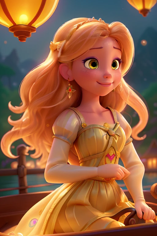 (highres,best quality,realistic) A detailed portrait of Disney princess Rapunzel on a boat, surrounded by countless (floating) lanterns in the sky. Rapunzel has long, (flowing golden hair) that reflects the warm glow of the lanterns. She has (beautiful detailed eyes) that sparkle with excitement and (beautiful detailed lips) that hint at a gentle smile. The boat is (ornately decorated) with colorful flowers and intricate patterns. The lanterns fill the sky, casting a (soft, warm light) and creating a dreamy, (magical atmosphere). The (gorgeous sunset colors) bathe the scene in a warm, (golden-orange) hue. The water below the boat is (crystal clear), reflecting the lanterns and adding to the serene ambiance. The lanterns are (floating in the air) at different heights, (illuminating the surroundings) and creating a mesmerizing sight. The (romantic) ambiance of the scene is enhanced by the gentle ripple of the water and the (fragrance) of nearby blooming flowers. This masterpiece portrays Rapunzel's (sense of adventure) and (spirit of freedom) as she sails through a dreamlike world filled with lanterns. It captures the essence of Disney's enchanting stories and the wonder of imagination.
