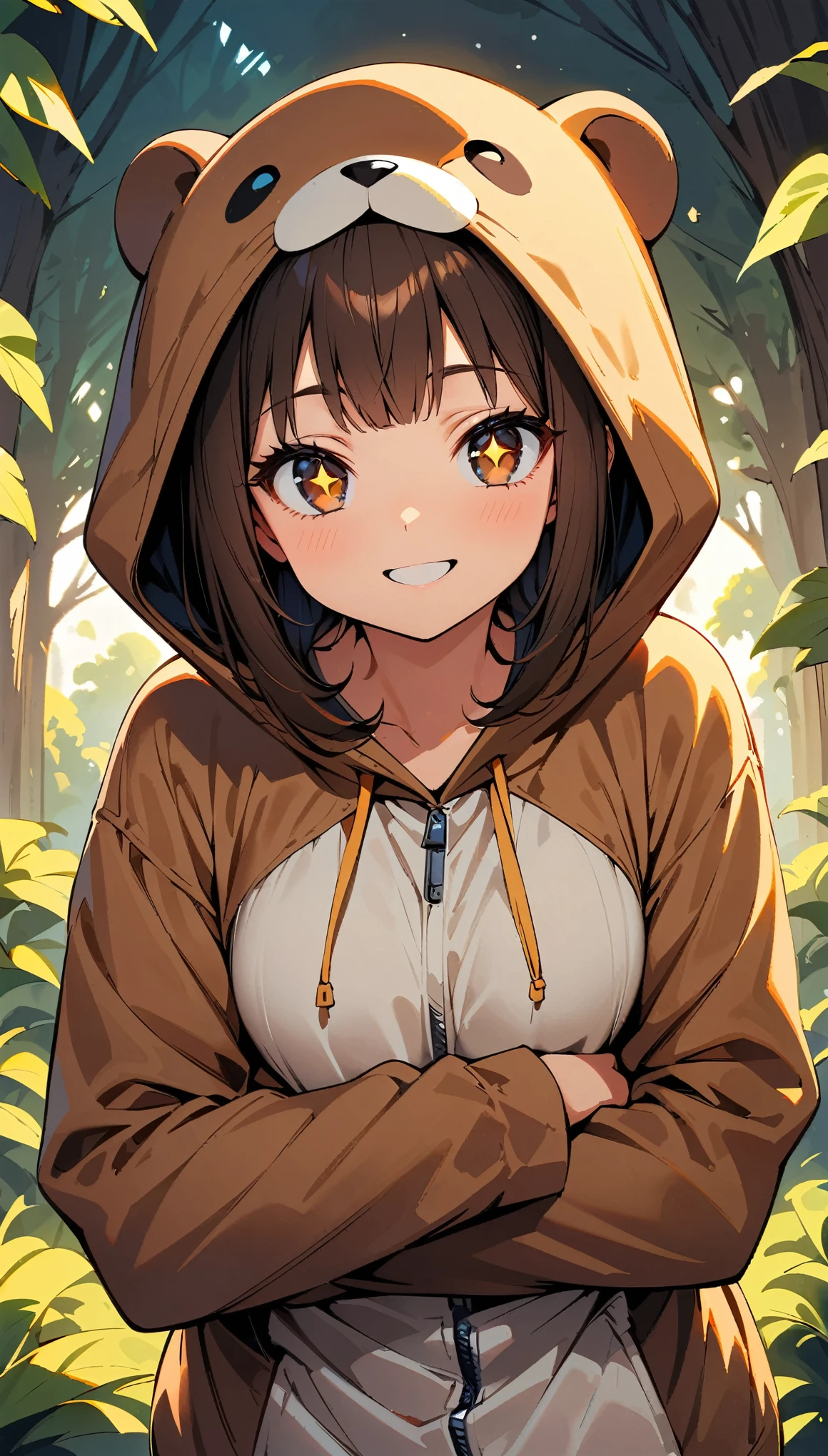 (highest quality:1.2, Very detailed, up to date, Vibrant, Ultra-high resolution, High Contrast, masterpiece:1.2, highest quality, Best aesthetics), 1 female, Beautiful girl smiling, Sparkling Eyes, Detailed face, Long eyelashes, Double eyelids, Random Pause, (Cute pose, Anatomically correct), Brown Hair, Girl wearing an otter costume:1.2,Forest Background.