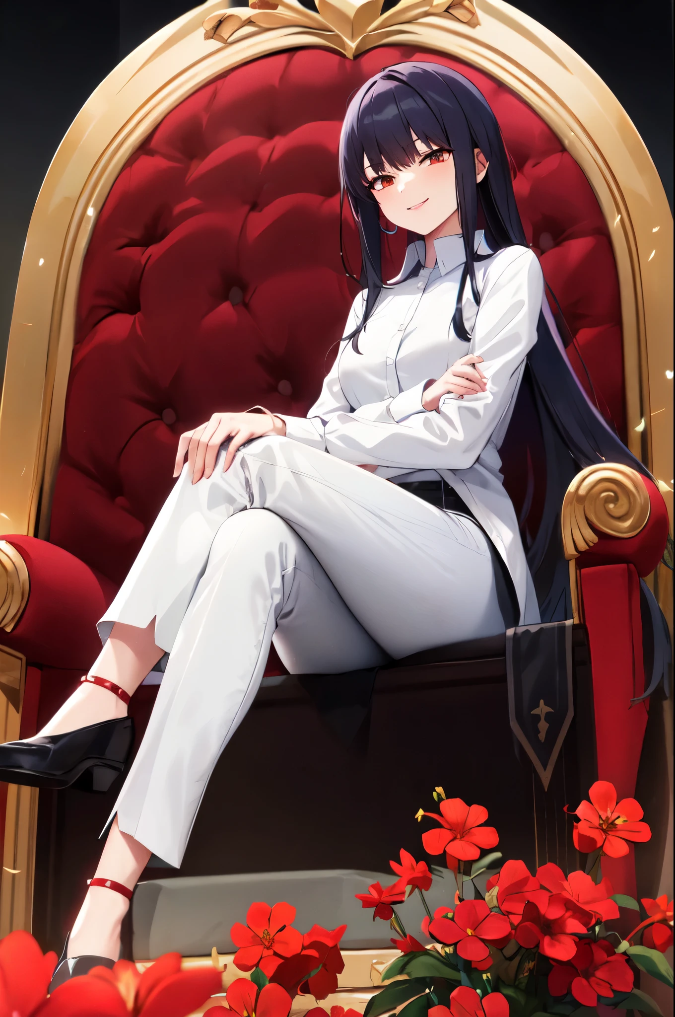 makika, wearing black pants, white shirt, sitting legs crossed on a throne which is covered by red flowers, makima has arrogant smile, looking down at viewer