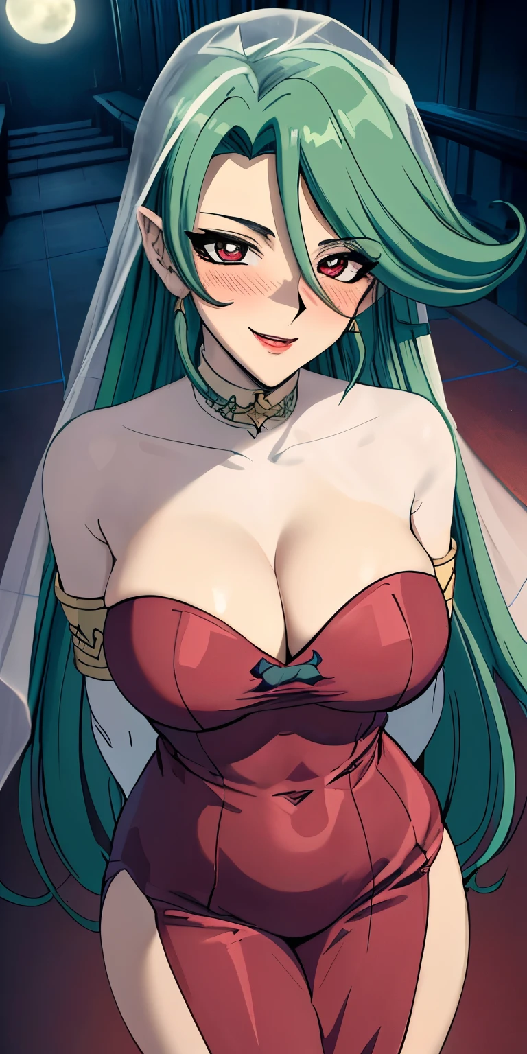 masterpiece, best quality, ultra-detailed, illustration,masterpiece, Best quality, high resolution, high resolution, Camula, 1girl, green hair, solo,clear skin, red dress, armlets,clear skin, upper body , evil smile,beautiful detailed eyes, looking at viewer in a seductive look, close up, (breast focus), (arms behind back:1.2), (from above:1.1),big sized breasts, attempt to seduce,blush, cleavage ,(wide thighs:1.3), moonlight, Sky, flying bats,((white veil:1.5)),((inside church))