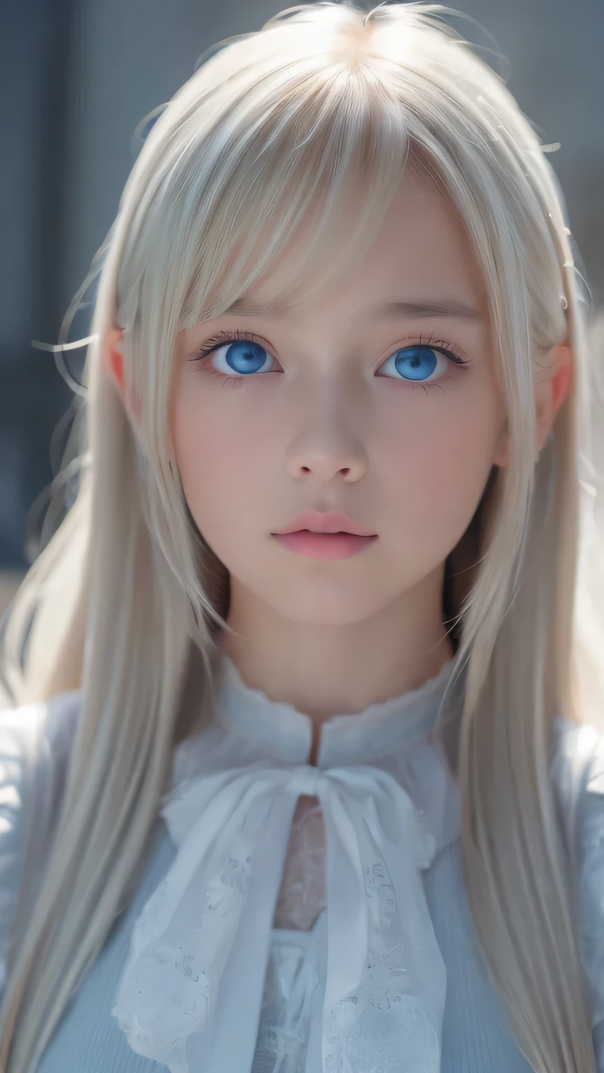 highest quality、8K Masterpiece、Ultra-high resolution、(Realistic:1.3)、RAW Photos、14 year old girl of Scandinavian descent with shiny blonde hair、Silvery blonde hair、Super long straight hair、Bangs between the eyes、bangs over eyes、片bangs over eyes、Bangs between the eyes、White and lustrous skin、1. Cyberpunk Super Beautiful Soldier、((Ultra-Realistic Details))、Portraiture、Global Illumination、Shadow Realm、Octane Rendering、8K、Super sharp、Metal、Cold colors、、Very intricate details、Realistic Light、CG Association Trends、Very beautiful, large light blue eyes、Very big eyes、Eyes shining towards the camera、Neon Details、Small Face Beauty、Round face、Cheek highlight