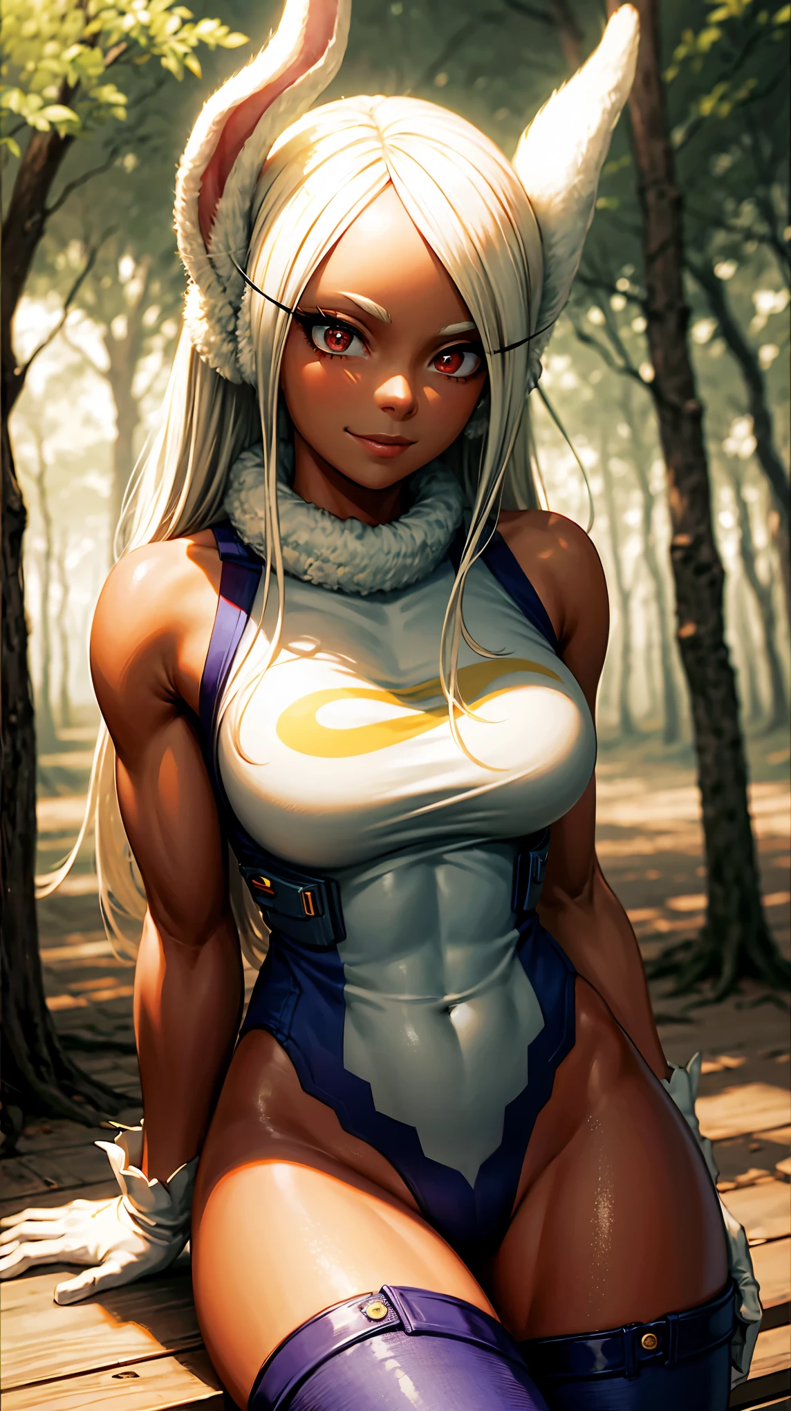 (masterpiece), best quality, expressive eyes, perfect face, front view, textured skin, beautiful detailed face, beautiful detailed eyes, ambient light, realistic shadows, beautiful detailed pupils, mirko, 1girl, smile, white leotard, fur collar, sleeveless, white gloves, purple thighhighs, ((dark-skinned female)), ((dark skin)), muscular female, long hair, white hair, red eye, rabbit ears, large breasts, thighs, (forest)