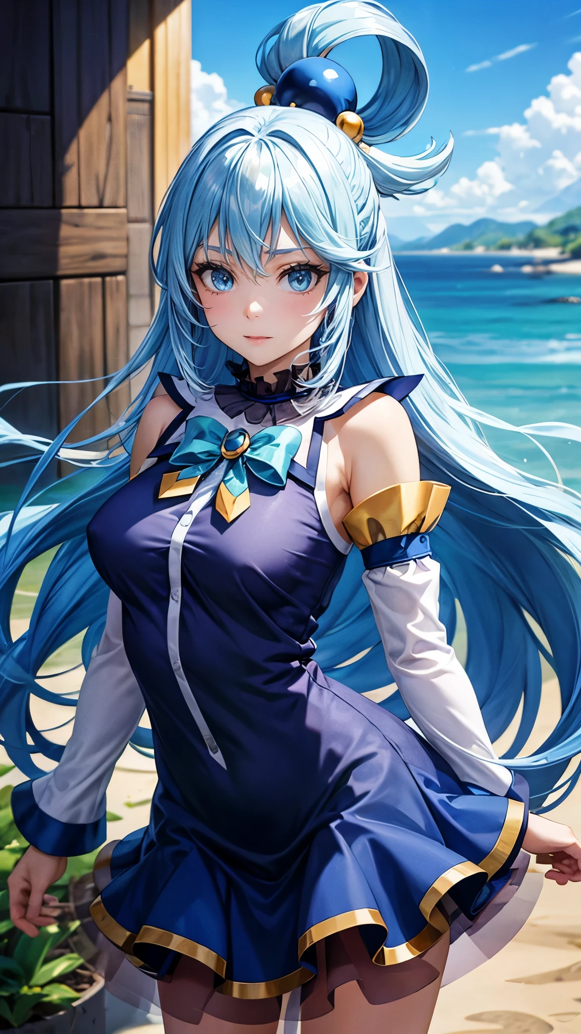 (masterpiece), best quality, expressive eyes, perfect face, looking at viewer, 1girl, solo,  mature female, sleeveless dress, ribbon on dress, bare shoulders, detached sleeves, blue eyes, blue hair, long hair, hair ornament, hair rings, single hair ring, medium breasts, ((field)), sky, aaaqua