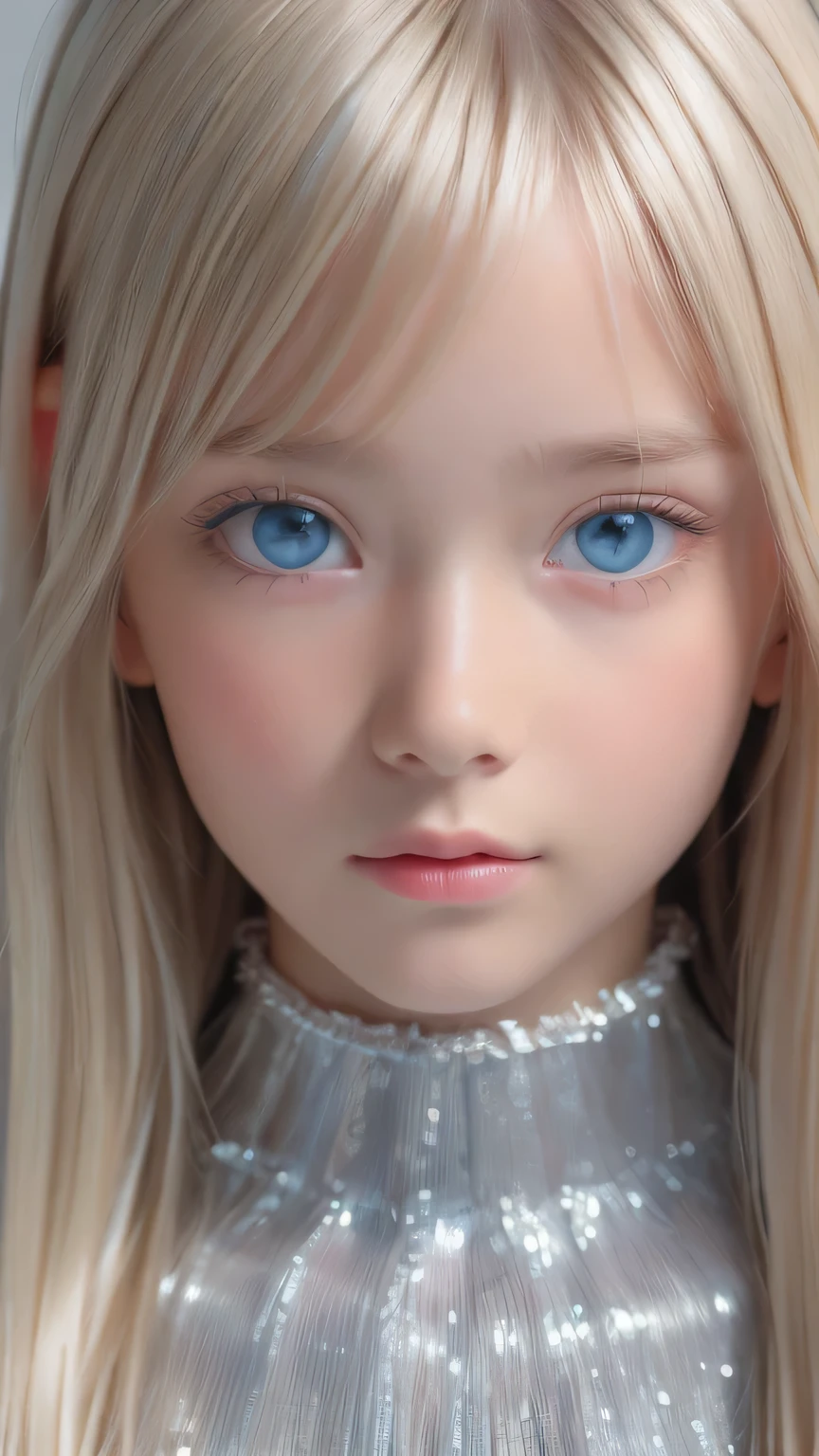 highest quality、8K Masterpiece、Ultra-high resolution、(Realistic:1.3)、RAW Photos、14 year old girl of Scandinavian descent with shiny blonde hair、Silvery blonde hair、Super long straight hair、Bangs between the eyes、bangs over eyes、片bangs over eyes、Bangs between the eyes、White and lustrous skin、1. Cyberpunk Super Beautiful Soldier、((Ultra-Realistic Details))、Portraiture、Global Illumination、Shadow Realm、Octane Rendering、8K、Super sharp、Metal、Cold colors、、Very intricate details、Realistic Light、CG Association Trends、Very beautiful, large light blue eyes、Very big eyes、Eyes shining towards the camera、Neon Details、Small Face Beauty、Round face、Cheek highlight