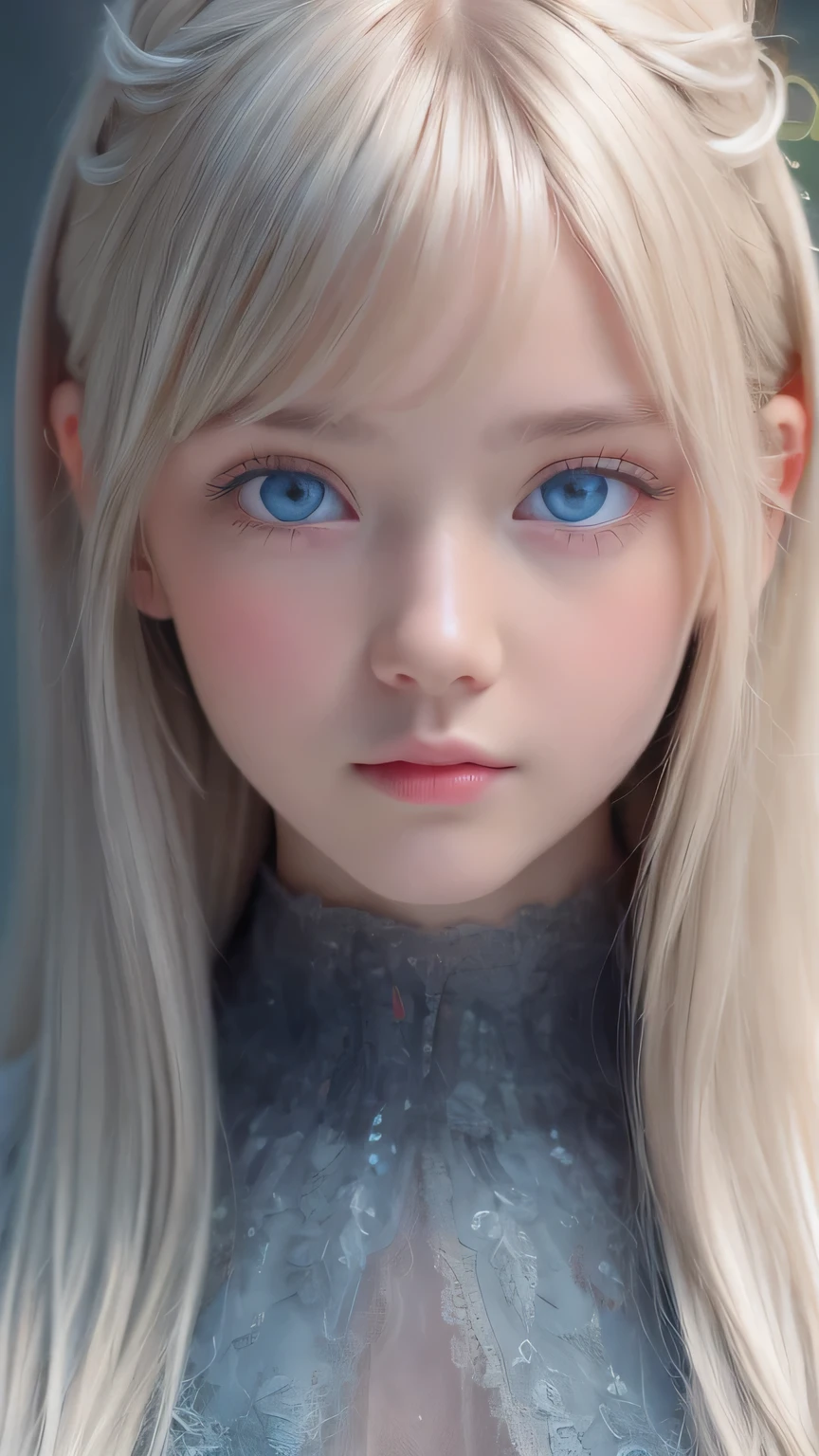 highest quality、8K Masterpiece、Ultra-high resolution、(Realistic:1.3)、RAW Photos、14 year old girl of Scandinavian descent with shiny blonde hair、Silvery blonde hair、Super long straight hair、Bangs between the eyes、bangs over eyes、片bangs over eyes、Bangs between the eyes、White and lustrous skin、1. Cyberpunk Super Beautiful Soldier、((Ultra-Realistic Details))、Portraiture、Global Illumination、Shadow Realm、Octane Rendering、8K、Super sharp、Metal、Cold colors、、Very intricate details、Realistic Light、CG Association Trends、Very beautiful, large light blue eyes、Very big eyes、Eyes shining towards the camera、Neon Details、Small Face Beauty、Round face、Cheek highlight