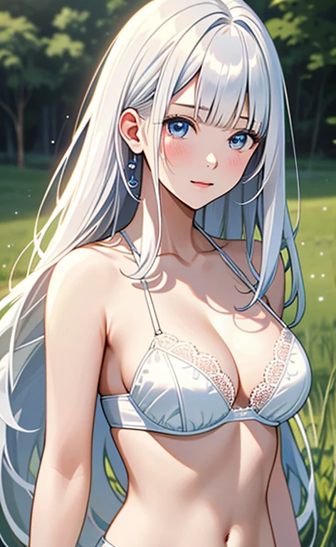 (masterpiece:1.4、top-quality、illustration:,realistic、)、(character focus、,upper body1.3)、(1girl),(clear face:1.3),(),cute face,blue eyes、(tareme:1.3)、(),
(),(stand:1.4)、(),、
(white hair),(long hair:1.5)、
,(meadow:1.3),(white lace bra,white lace panties:1.5),
(blunt bangs),(sidelocks:1.3), (large breasts,:1.5)、
、slender、