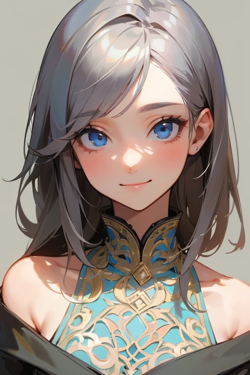 (masterpiece: 1.2, highest quality), (Actual Photos, Intricate details), 1. woman, alone, Upper Body, casual, Shoulder-length hair, Minimal makeup, Natural materials, Face close-up, smile, Home, Gray Hair, blue eyes, Shoulder Bare、優しいsmile、