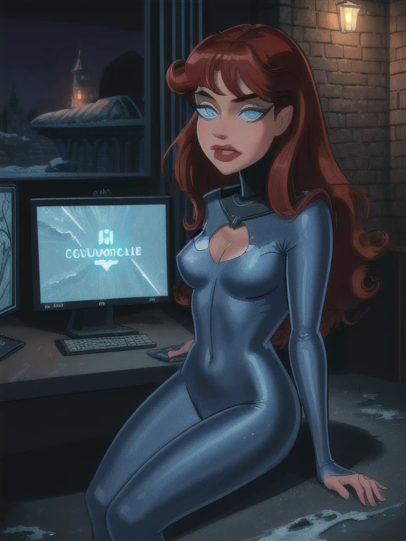 (a girl working with computers in batcave,( red long curly hair),beautiful icy blue eyes,beautiful detailed lips,beautiful face,long eyelashes, best quality,highres,ultra-detailed,realistic,dark castle vibes,full body,