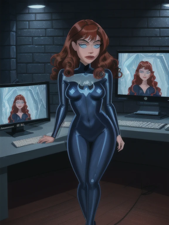 (a girl working with computers in batcave,( red long curly hair),beautiful icy blue eyes,beautiful detailed lips,beautiful face,long eyelashes, best quality,highres,ultra-detailed,realistic,dark castle vibes,full body,