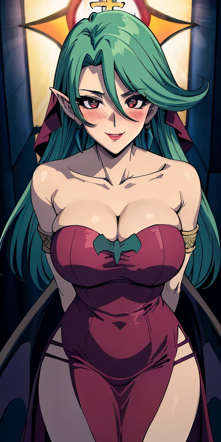masterpiece, best quality, ultra-detailed, illustration,masterpiece, Best quality, high resolution, high resolution, Camula, 1girl, green hair, solo,clear skin, red dress, armlets,clear skin, upper body , evil smile,beautiful detailed eyes, looking at viewer in a seductive look, close up, (breast focus), (arms behind back:1.2), (from above:1.1),big sized breasts, attempt to seduce,blush, cleavage ,(wide thighs:1.3), moonlight, Sky, flying bats,((white veil)),((inside church))