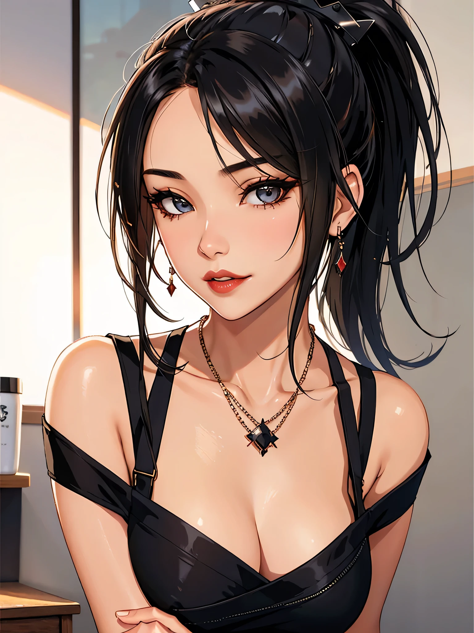 1girl in, solo, Jewelry, black hair, necklace, red-lips, Long hair, covered eyes, lipstick, makeup, upper-body, closed mouth, black dress, hair above one eye, clavicle, Dress,black theme,bad-girl, large breasts,sparkly skin,(mature female),Chic, Snthwve style, nvinkpunk Close-up portrait of a face (((sks person))), Smooth soft skin, big dreamy eyes, Beautiful intricate dyed hair, Symmetrical, anime wide eyes, soft-lighting, Detailed Face, makoto sinkai, by stanley artgerm lau, WLOP, rossdraws, Concept art, Digital Painting, looking up at the camera, ((tan skin, ponytail, mischievous look, playful))